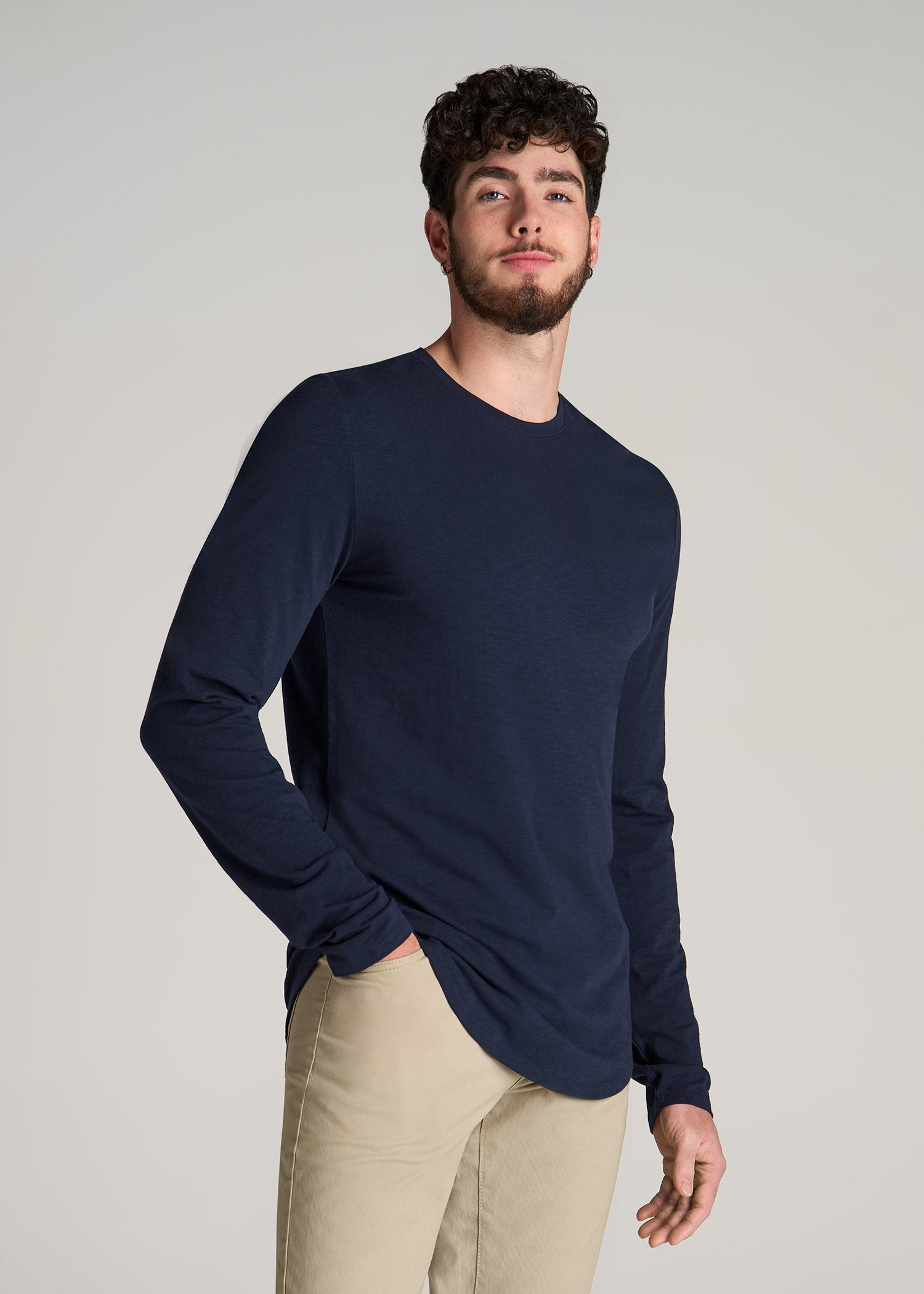 Slub Long Sleeve Scoop Tee for Tall Men in Evening Blue
