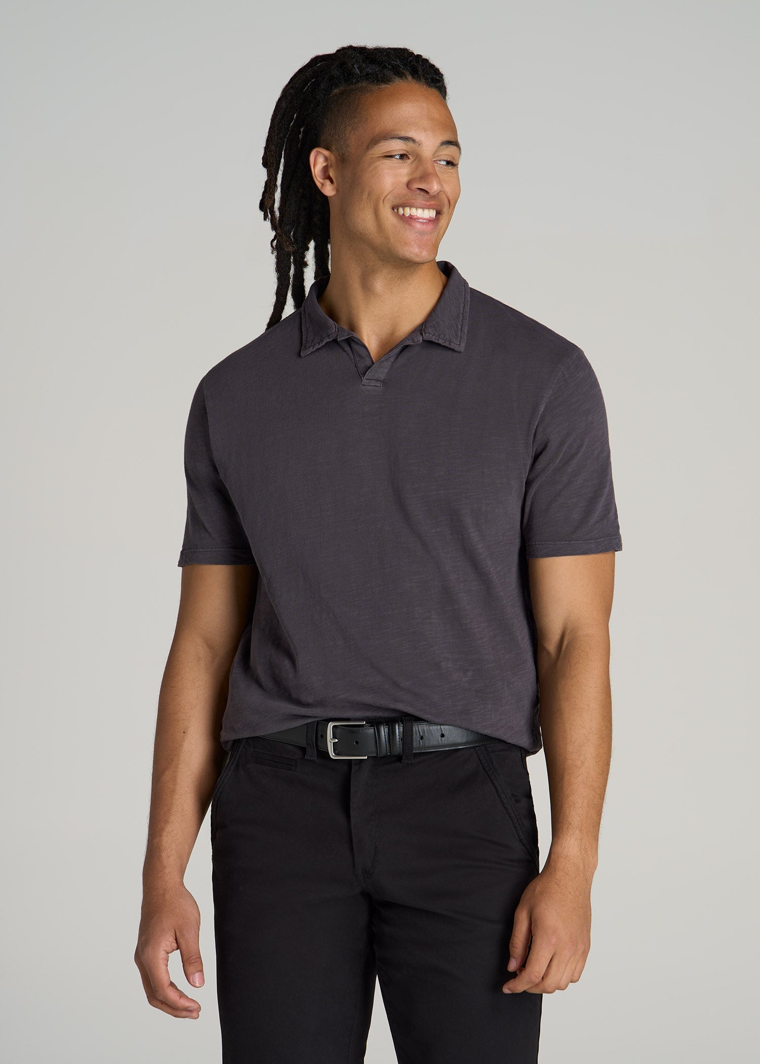 Slub Polo Shirt for Tall Men in Charcoal