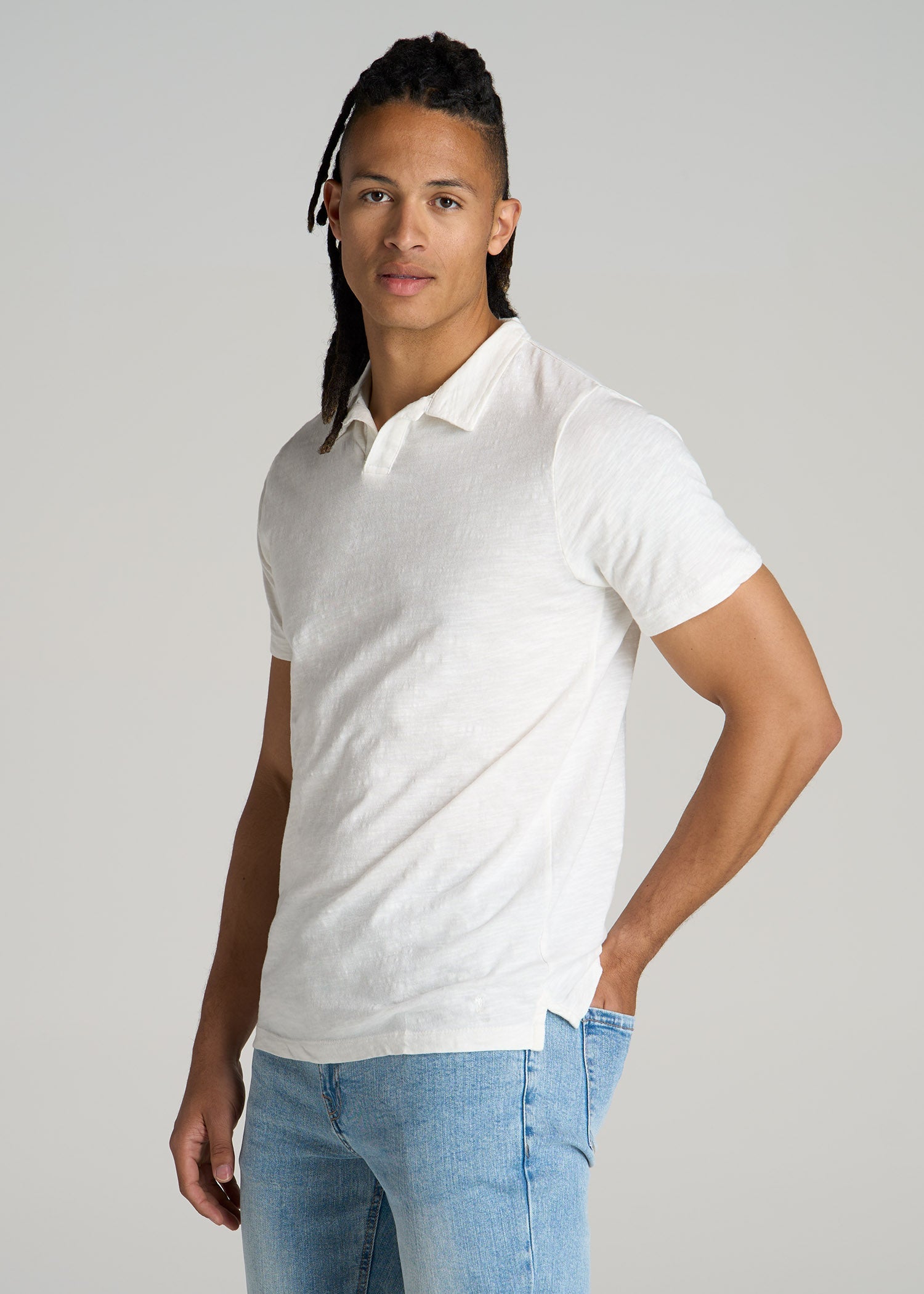 Slub Polo Shirt for Tall Men in Ecru