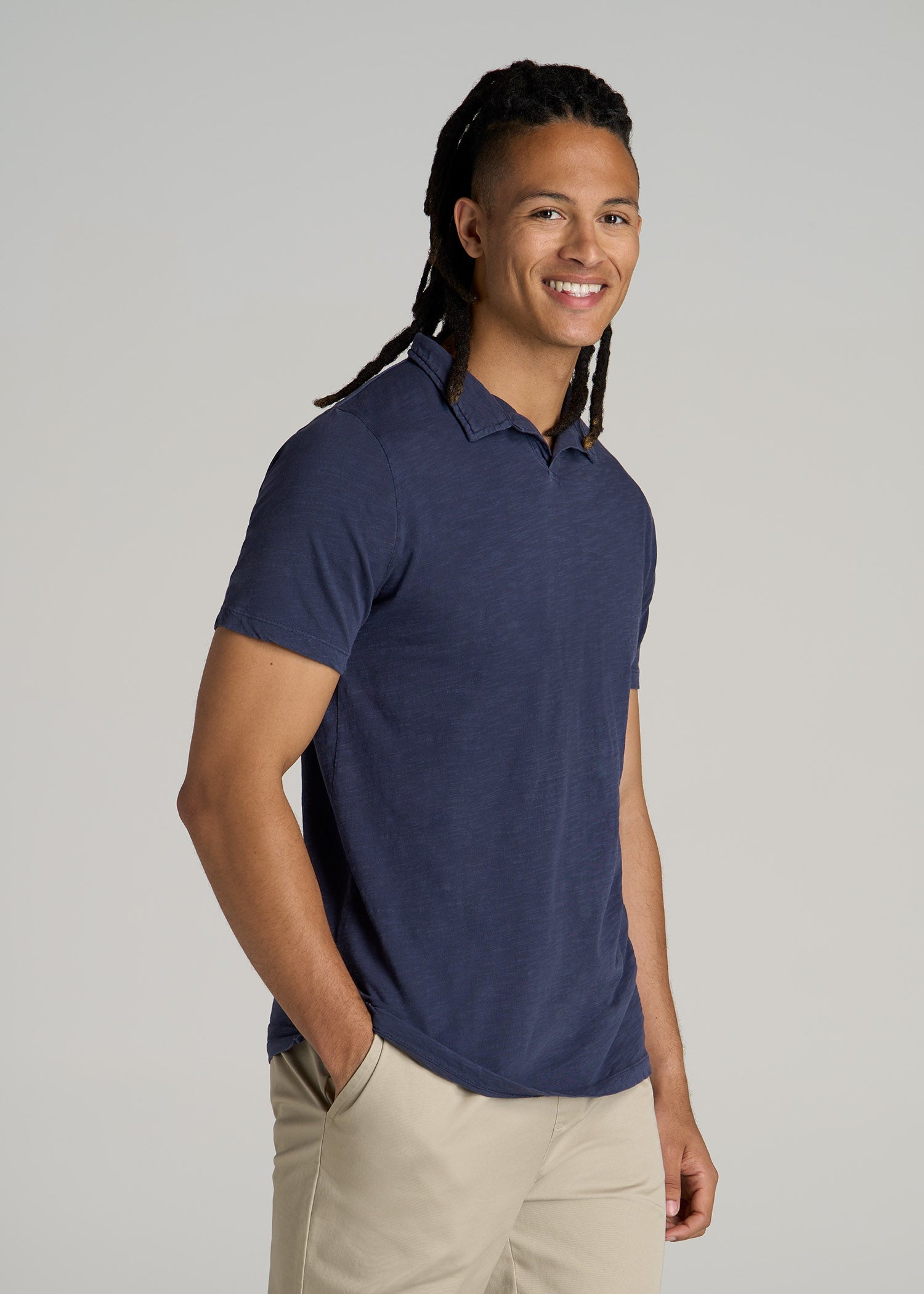 Slub Polo Shirt for Tall Men in Navy