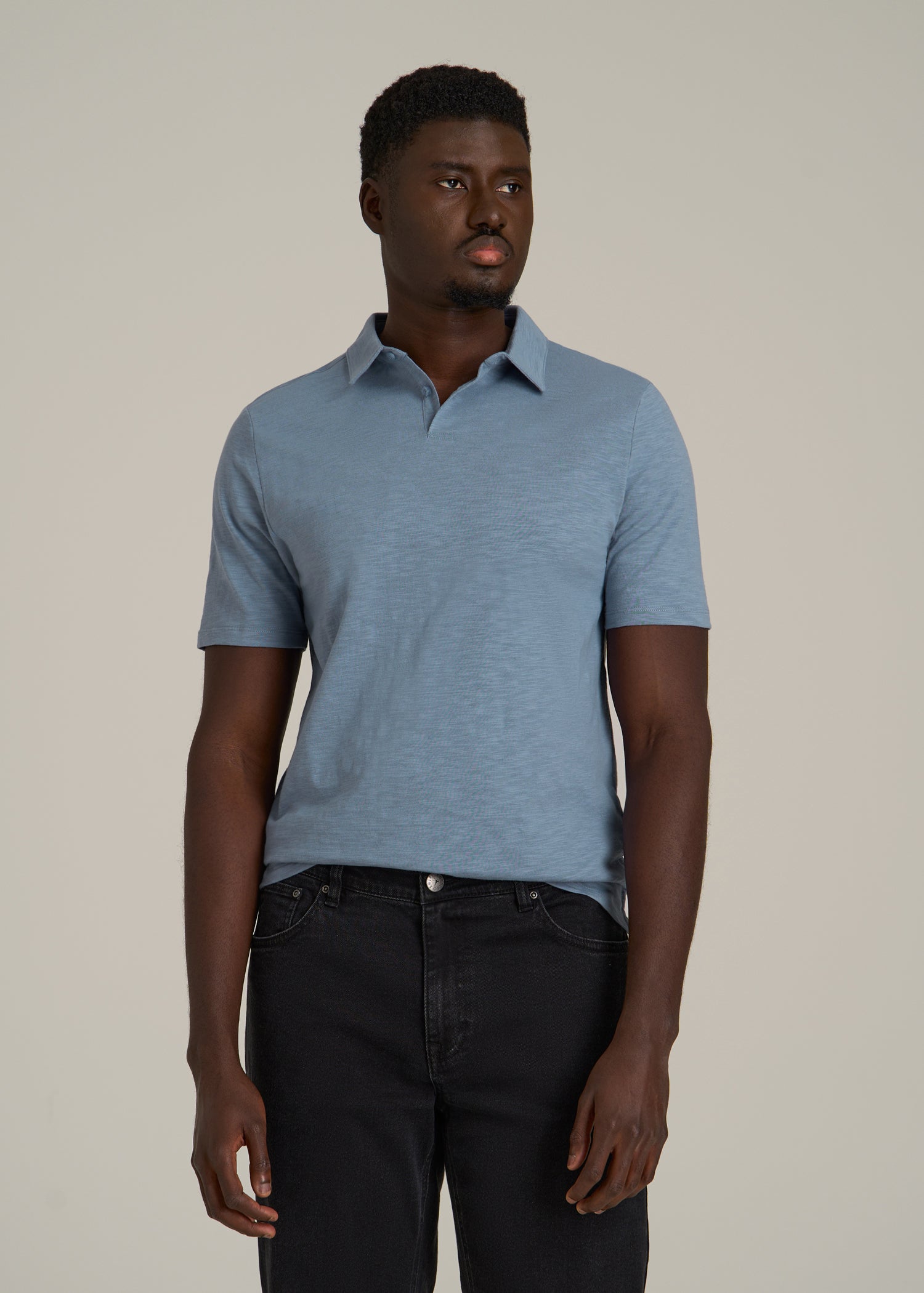 Slub Self Collar Polo Shirt for Tall Men in Chambray