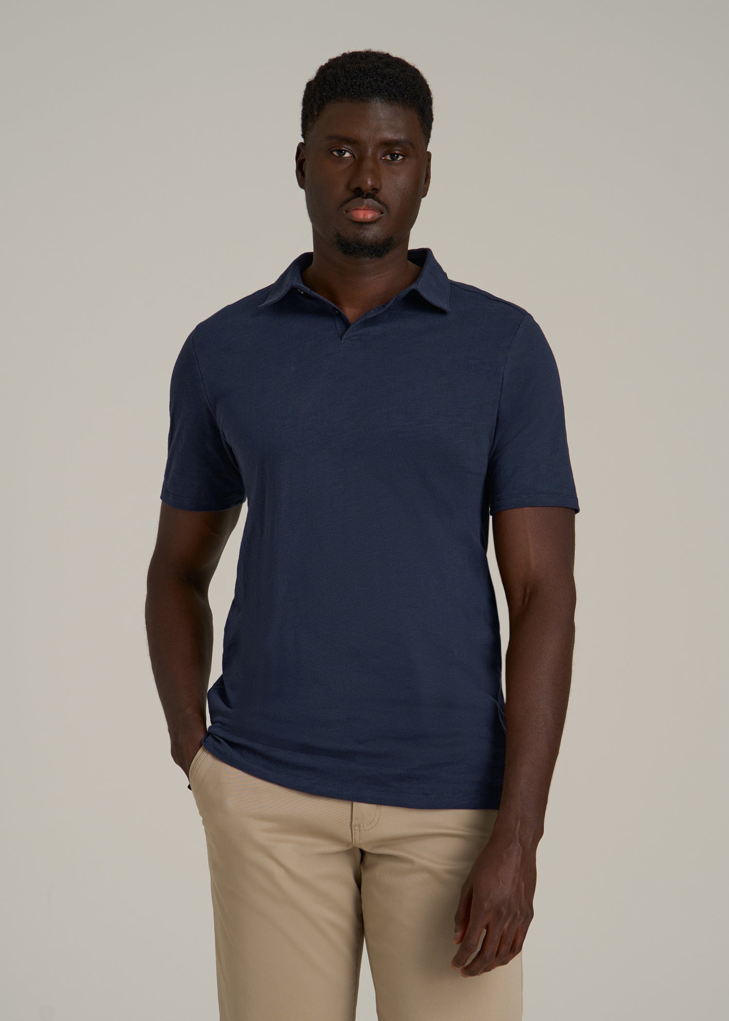 Slub Self Collar Polo Shirt for Tall Men in Navy