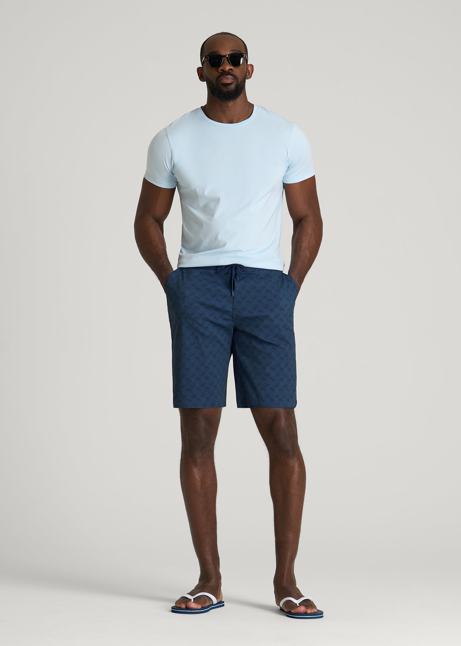 Stretch Board Shorts for Tall Men in Navy Blue Paisley