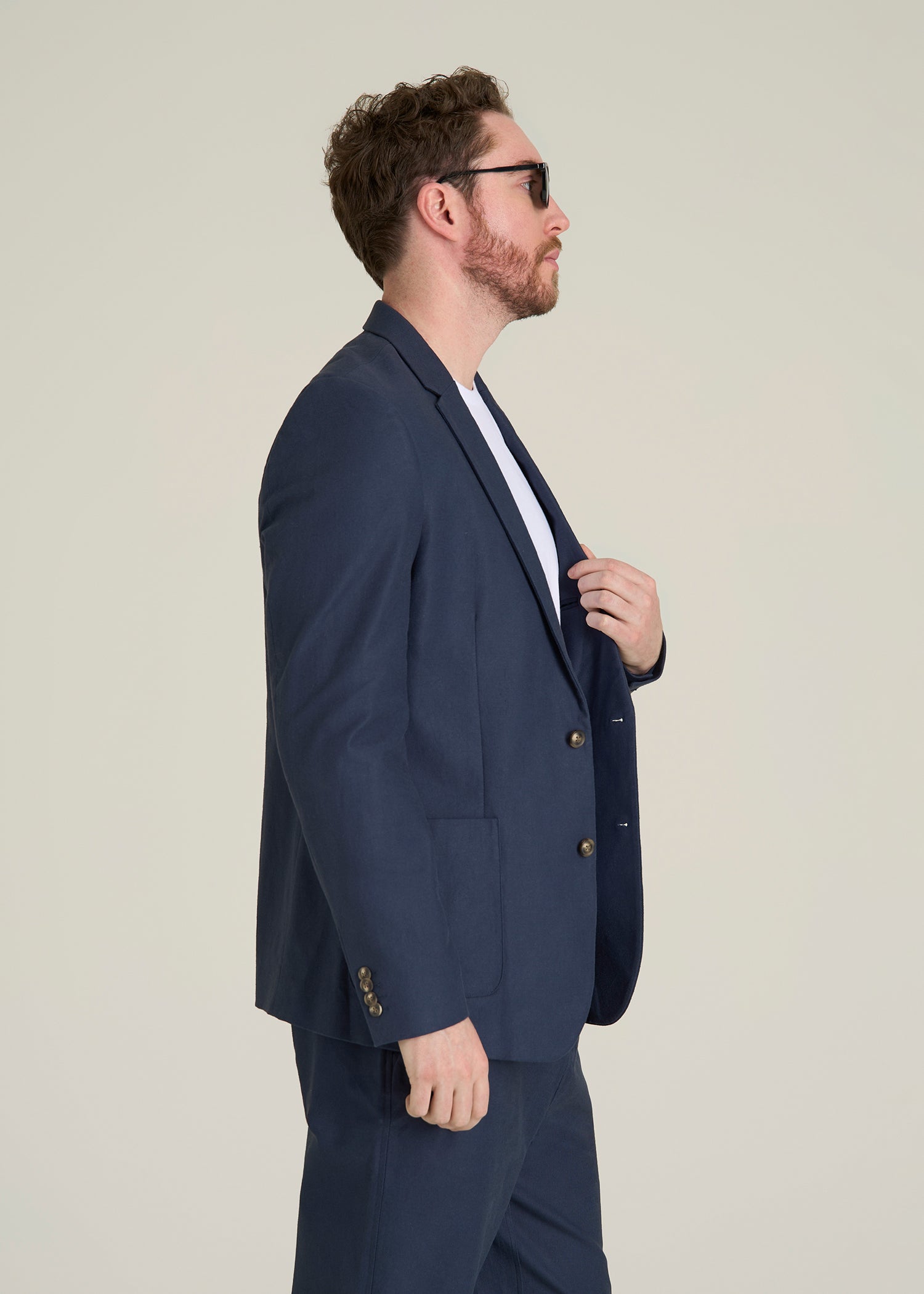 Stretch Cotton Linen Blend Blazer for Tall Men in Navy Blue