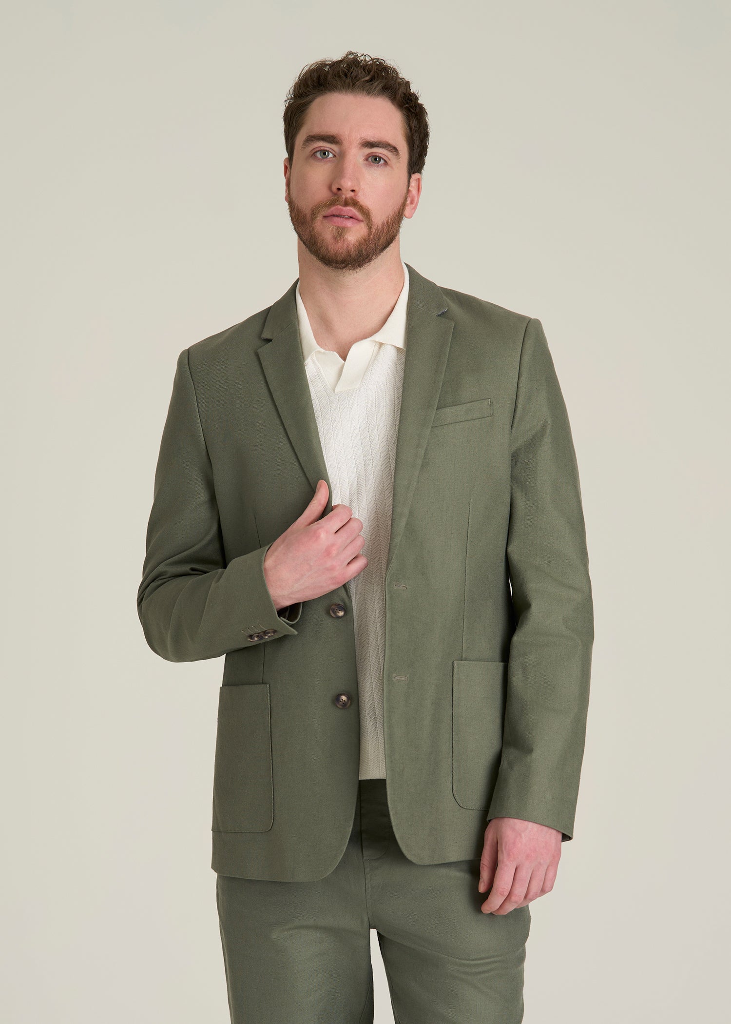 Stretch Cotton Linen Blend Blazer for Tall Men in Olive