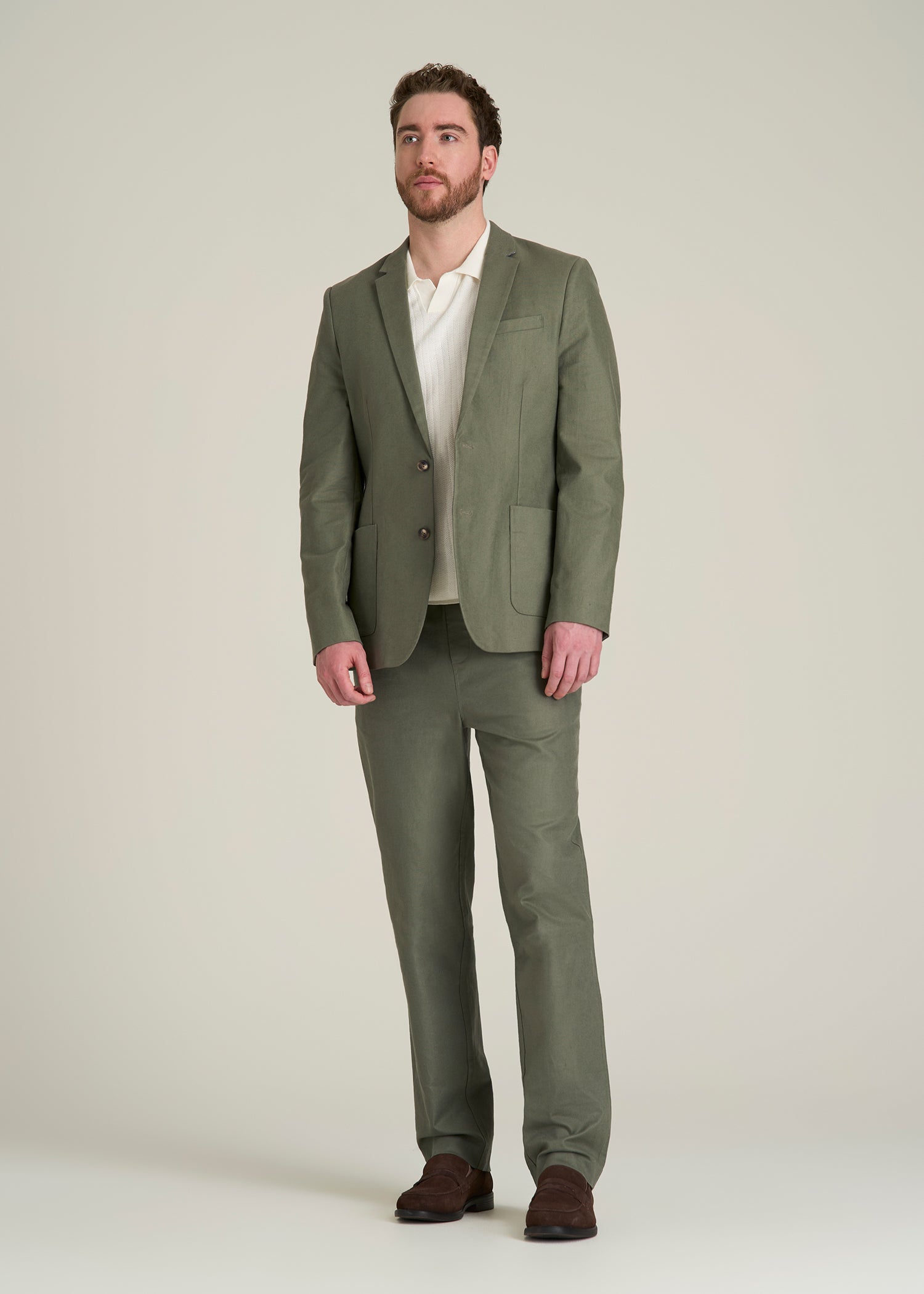 Stretch Cotton Linen Blend Blazer for Tall Men in Olive