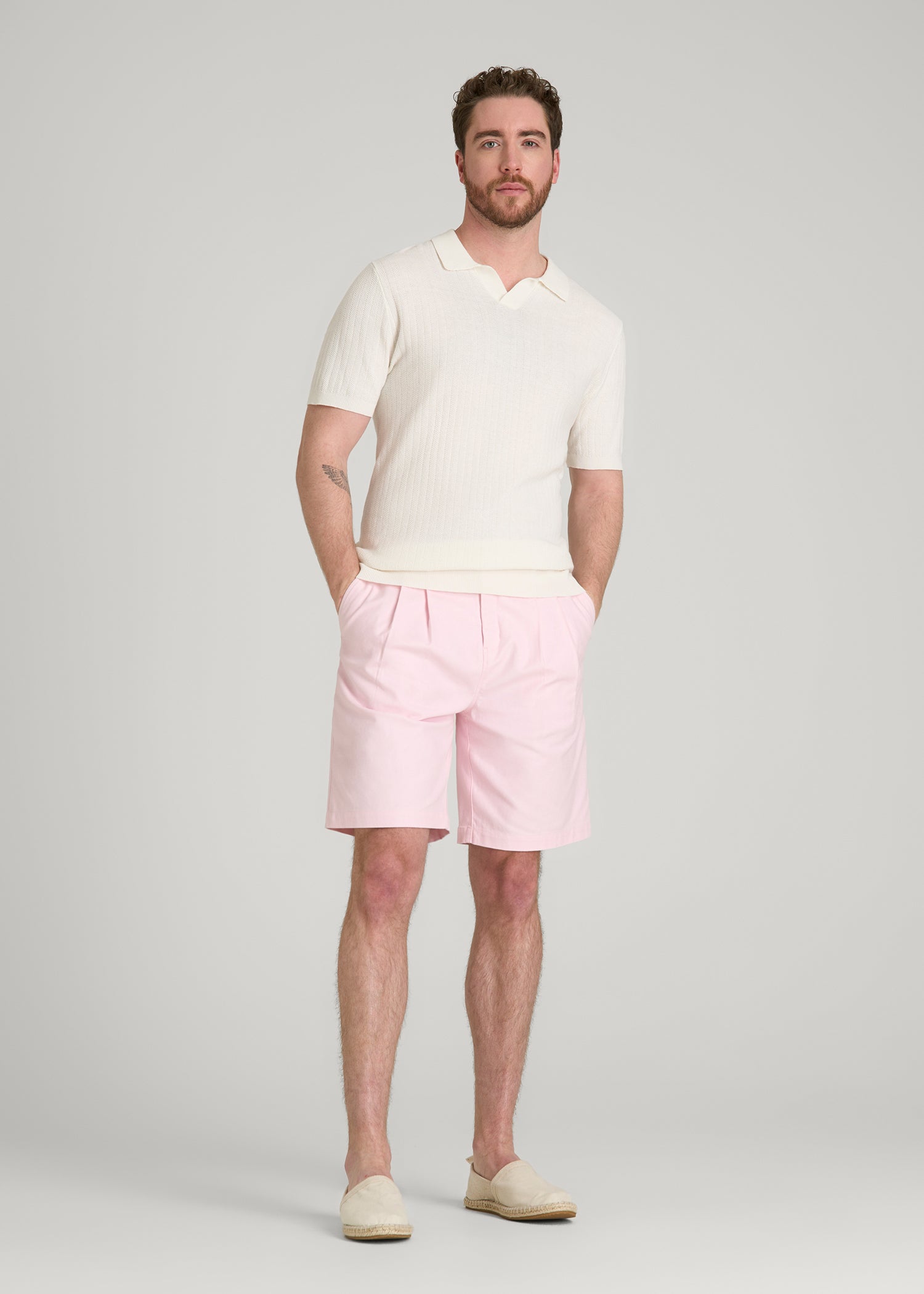 Stretch Cotton Linen Blend Shorts for Tall Men in Barely Pink