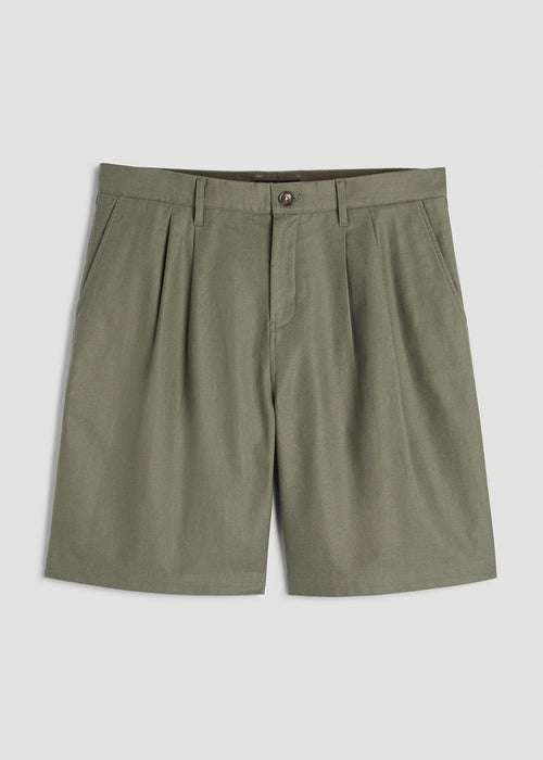Stretch Cotton Linen Blend Shorts for Tall Men in Olive