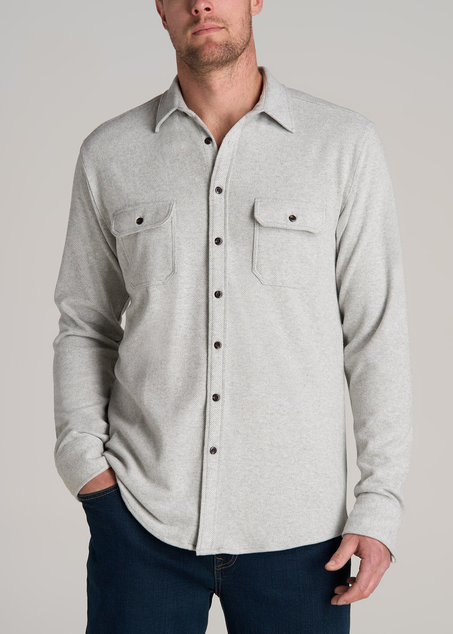 American-Tall-Men-Stretch-Flannel-Button-Shirt-Light-Grey-Mix-front