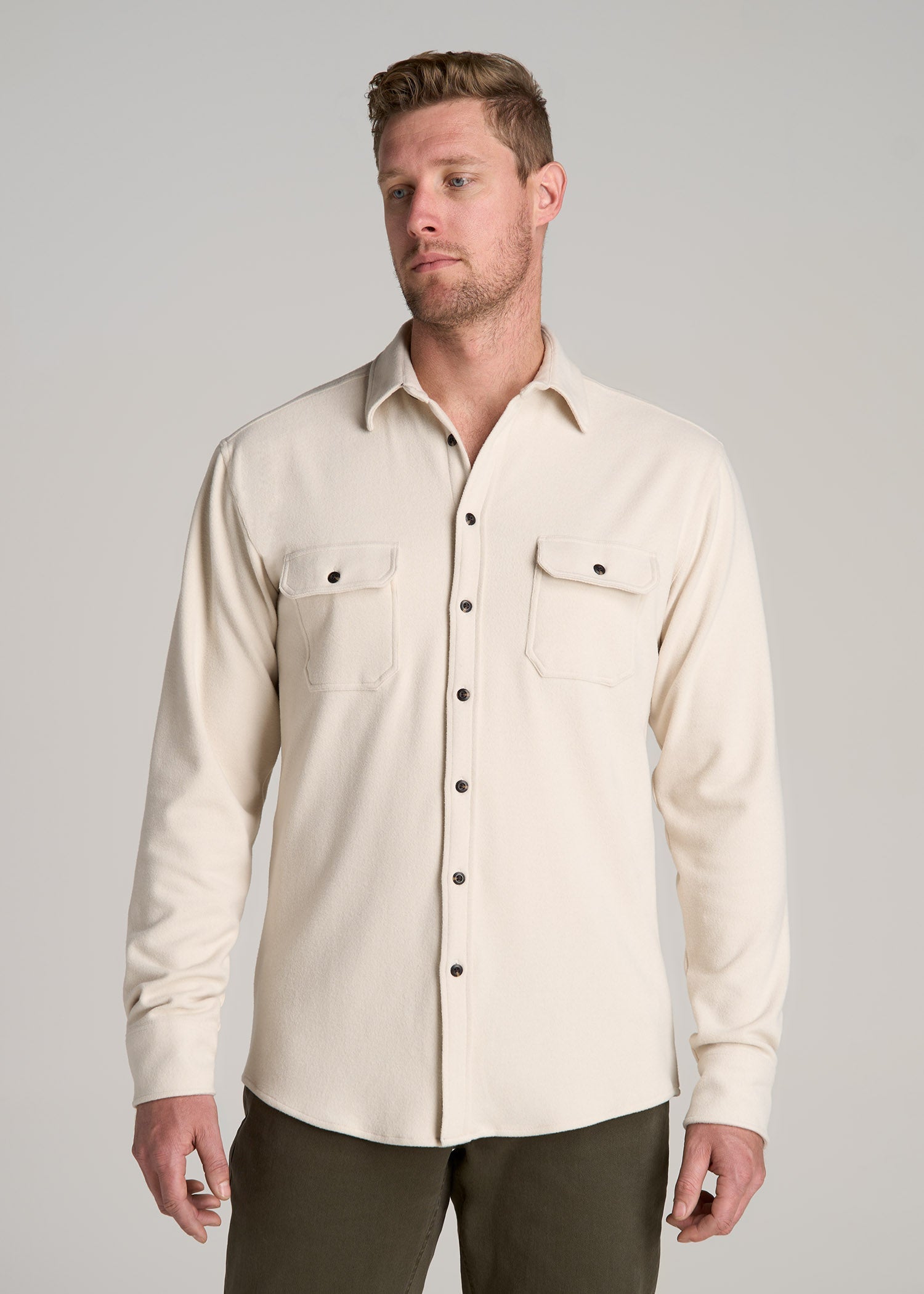 Stretch Flannel Button Shirt for Tall Men in Soft Beige
