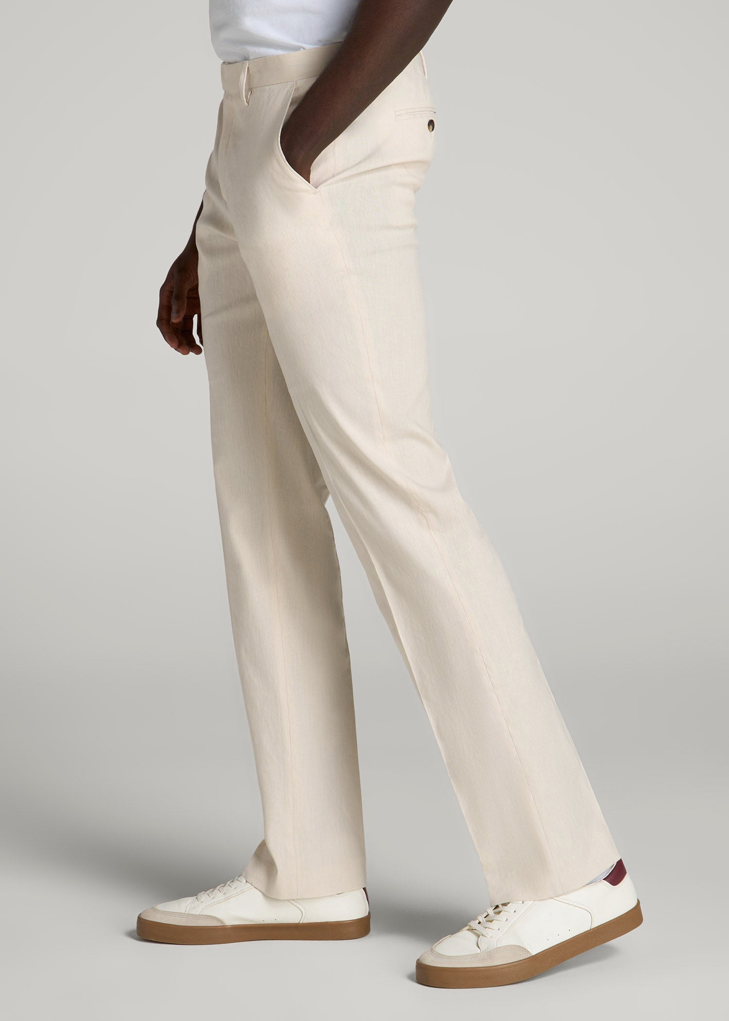 Stretch Linen Dress Pants for Tall Men in Light Beige Linen