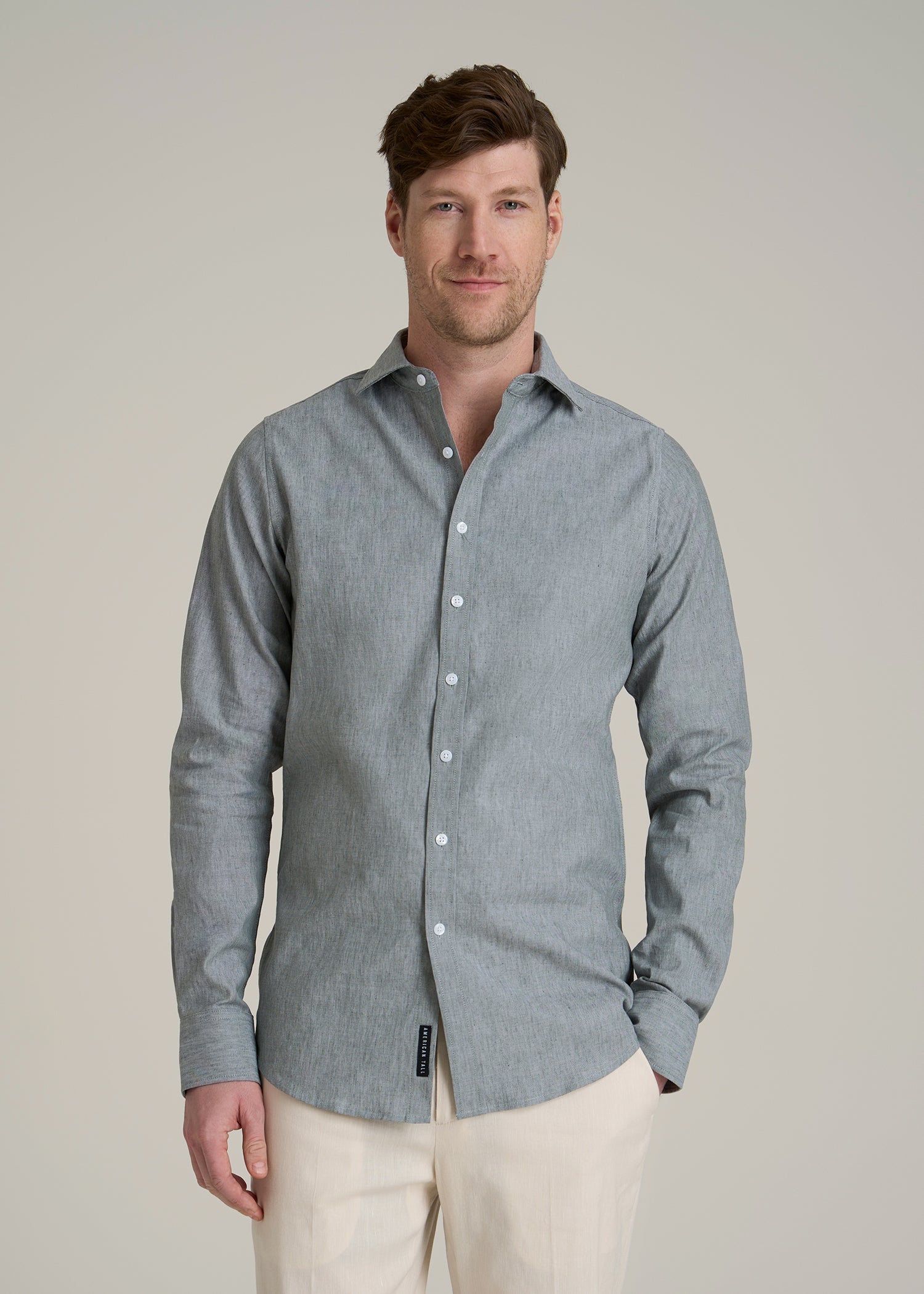 Stretch Linen Dress Shirt for Tall Men in Evergreen Mix
