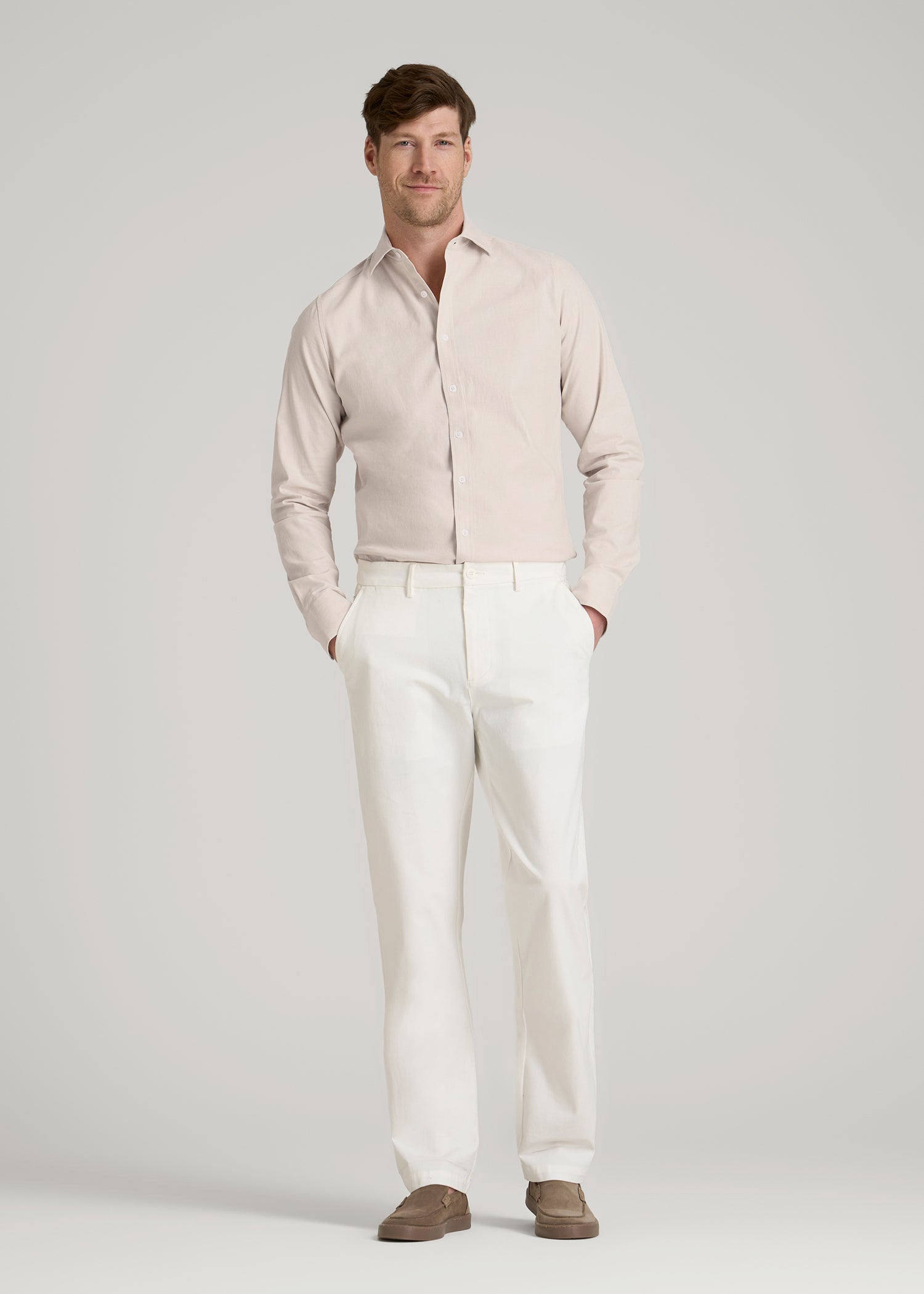 Stretch Linen Dress Shirt for Tall Men in Light Stone Mix