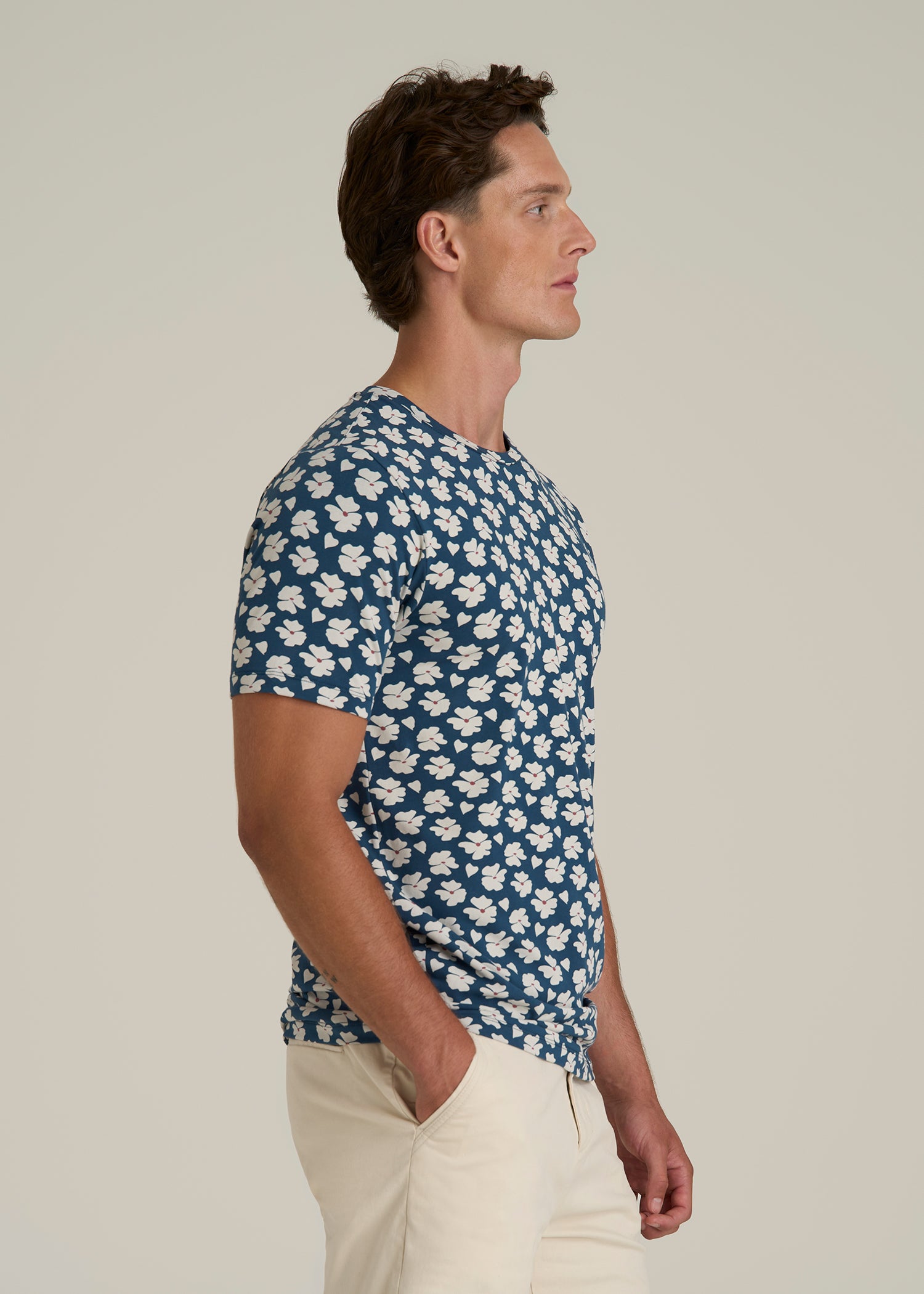 Stretch Pima Cotton Printed Tee for Tall Men in Bright Blue Floral
