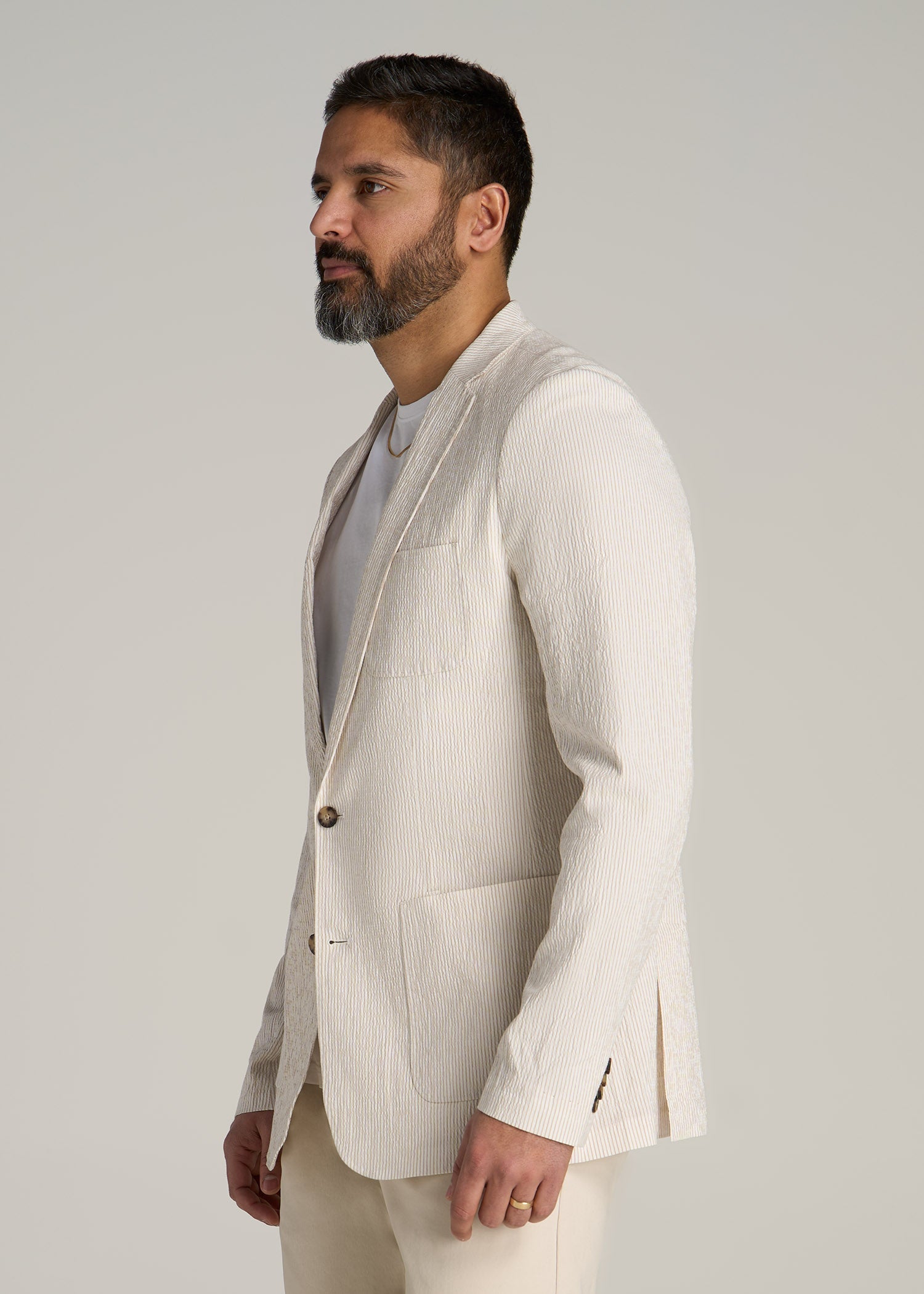 Stretch Seersucker Blazer for Tall Men in Off White and Beige Stripe