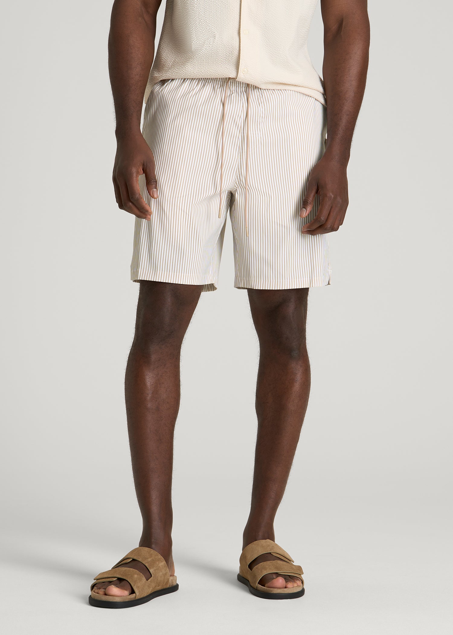 Stretch Swim Shorts for Tall Men in White and Oatmeal Stripe