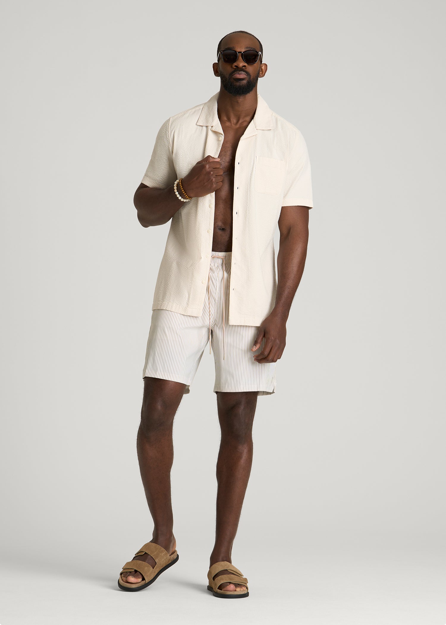 Stretch Swim Shorts for Tall Men in White and Oatmeal Stripe