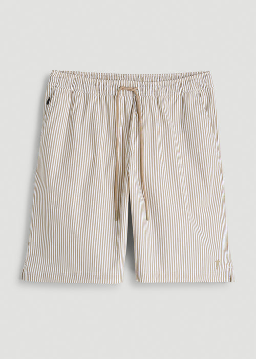 Stretch Swim Shorts for Tall Men in White and Oatmeal Stripe