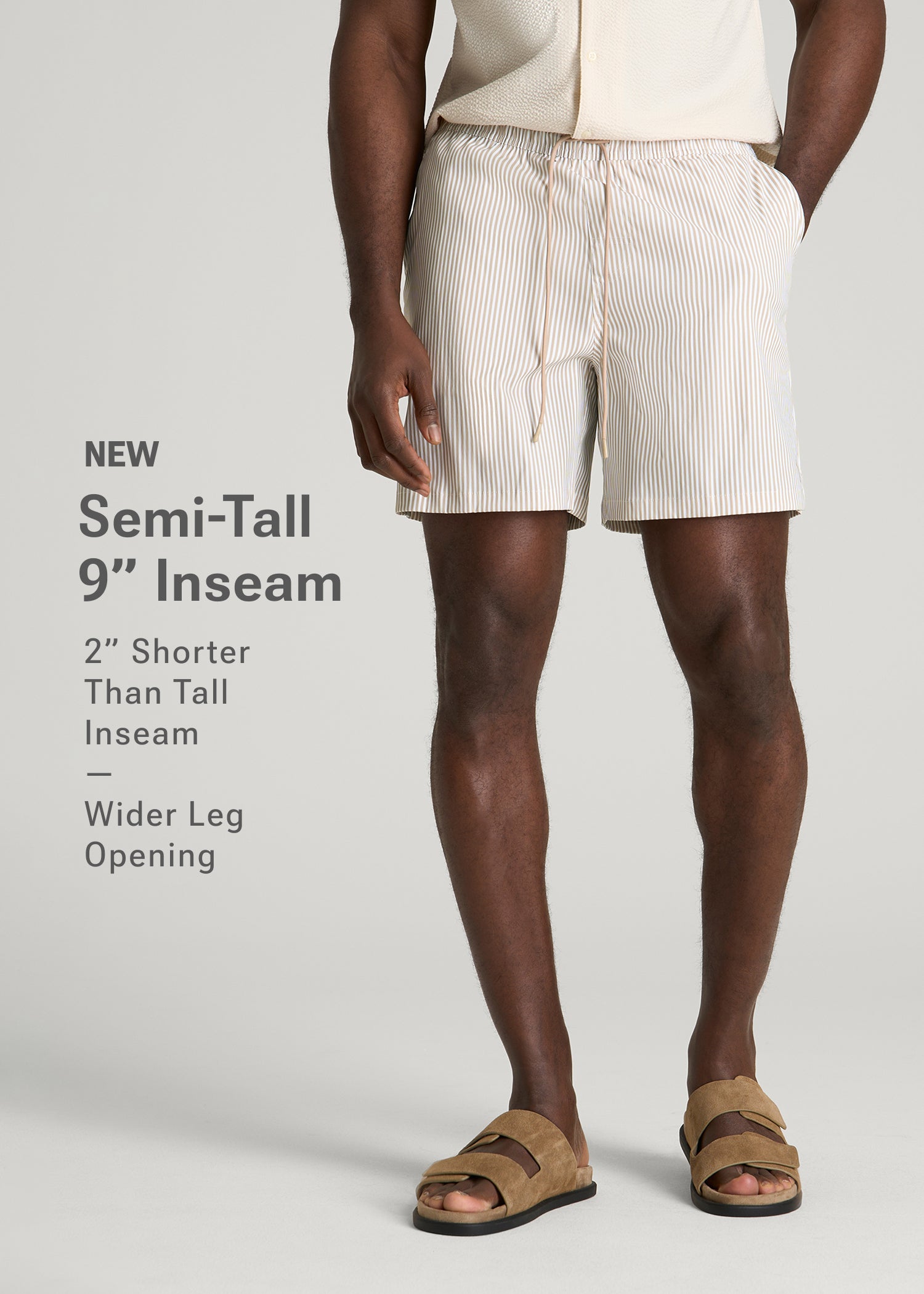 Stretch Swim Shorts for Tall Men in White and Oatmeal Stripe