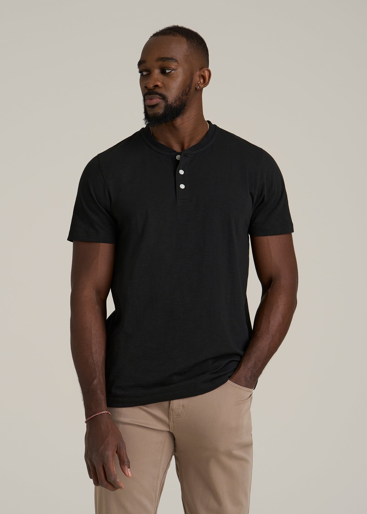Sunwashed Short Sleeve Slub Henley for Tall Men in Black