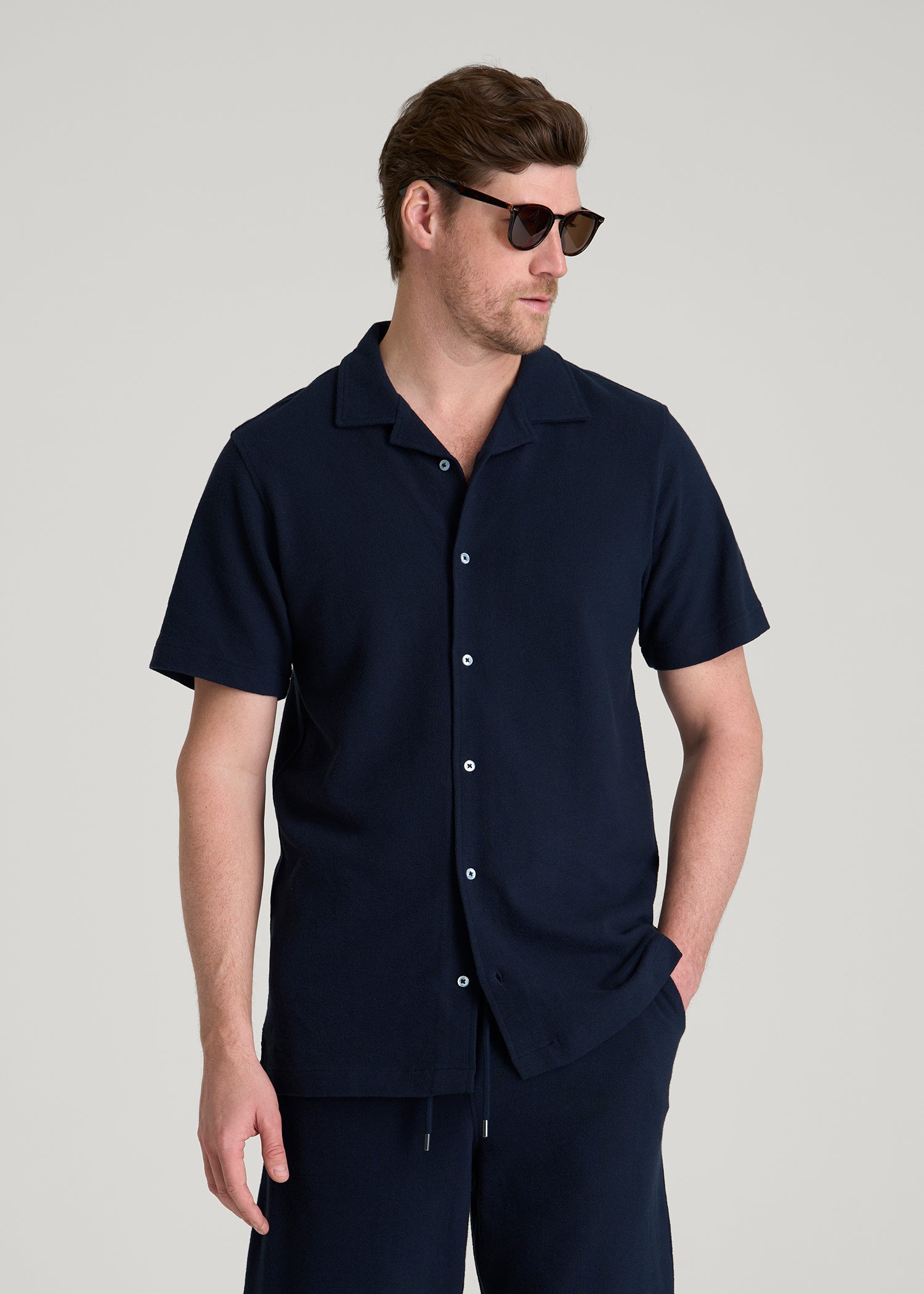 Terry Cotton Polo Cardigan for Tall Men in Patriot Blue