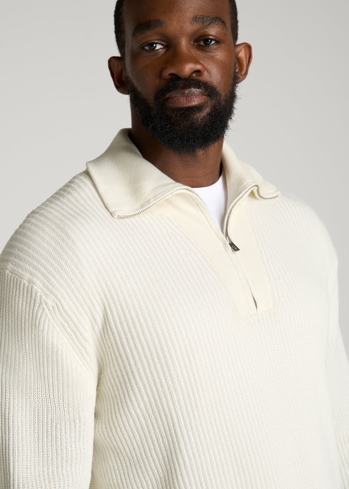 Textured Knit Quarter Zip Sweater for Tall Men in Star White