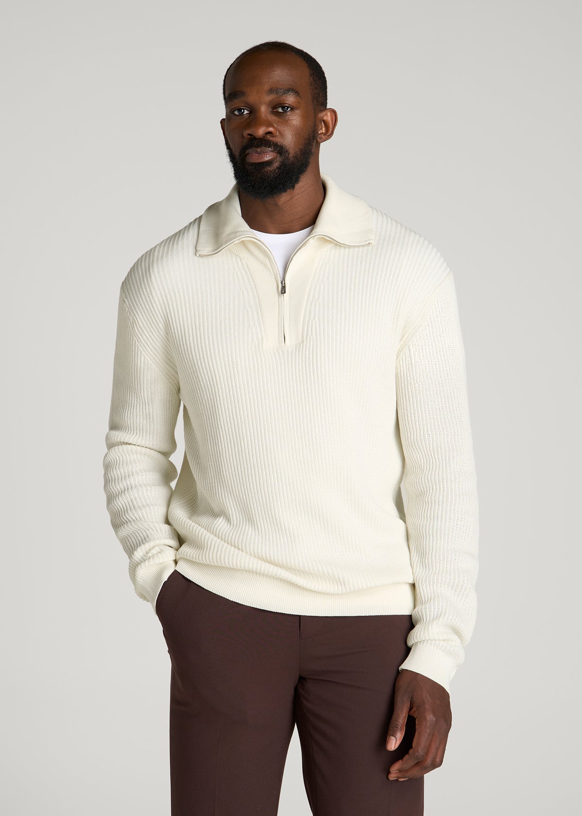 Textured Knit Quarter Zip Sweater for Tall Men in Star White