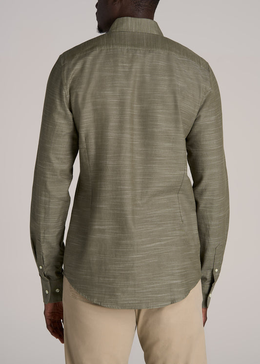 Textured Weave Cotton Button-Up Shirt for Tall Men in Olive