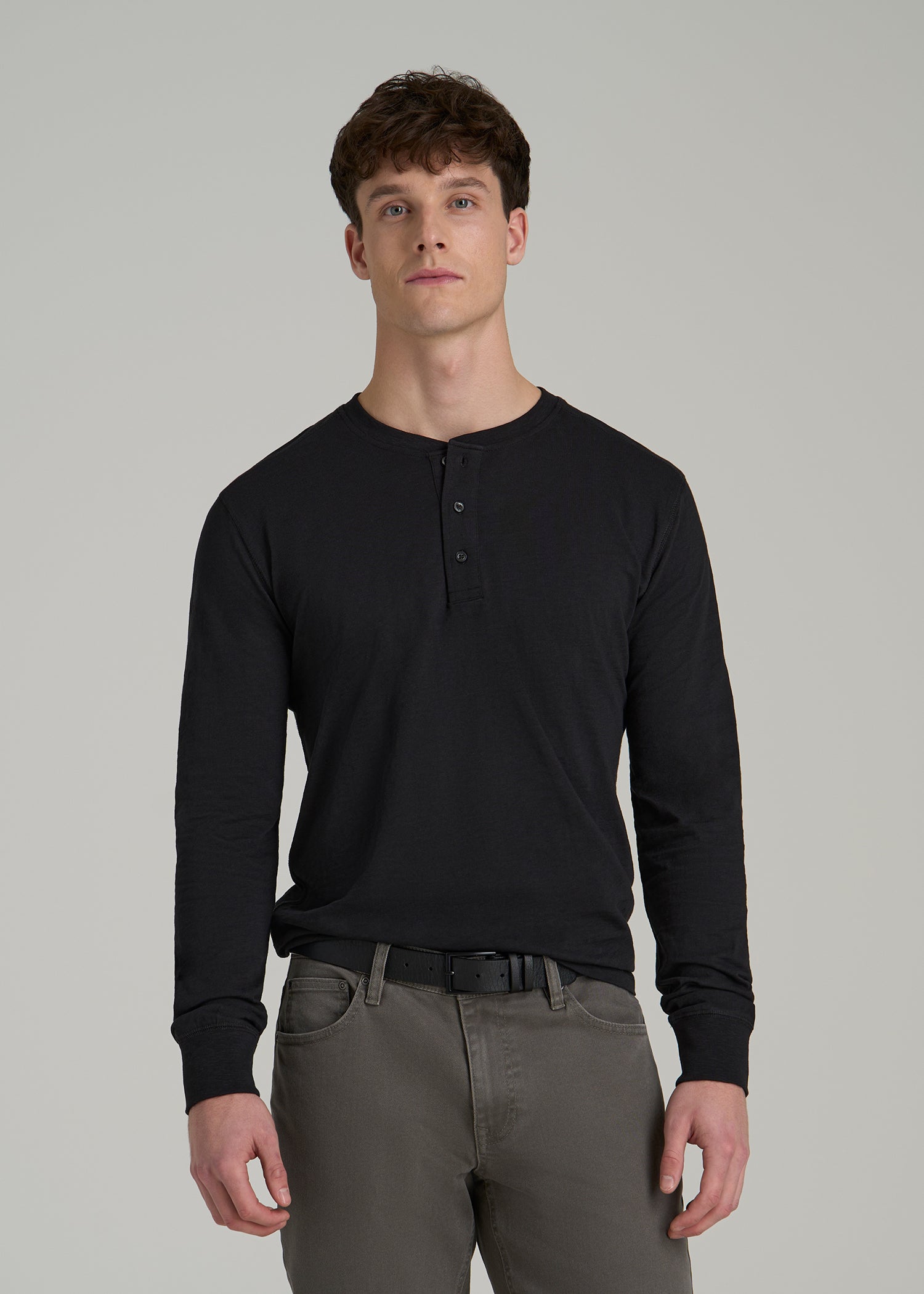 Long Sleeve Slub Henley Shirt for Tall Men Black American Tall