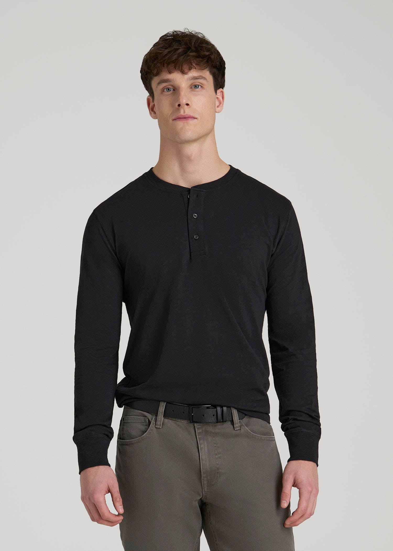 Long Sleeve Slub Henley Shirt for Tall Men Black | American Tall