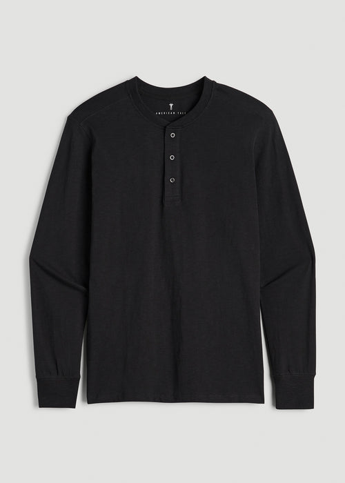 Three-Button Long Sleeve Slub Henley for Tall Men in Black