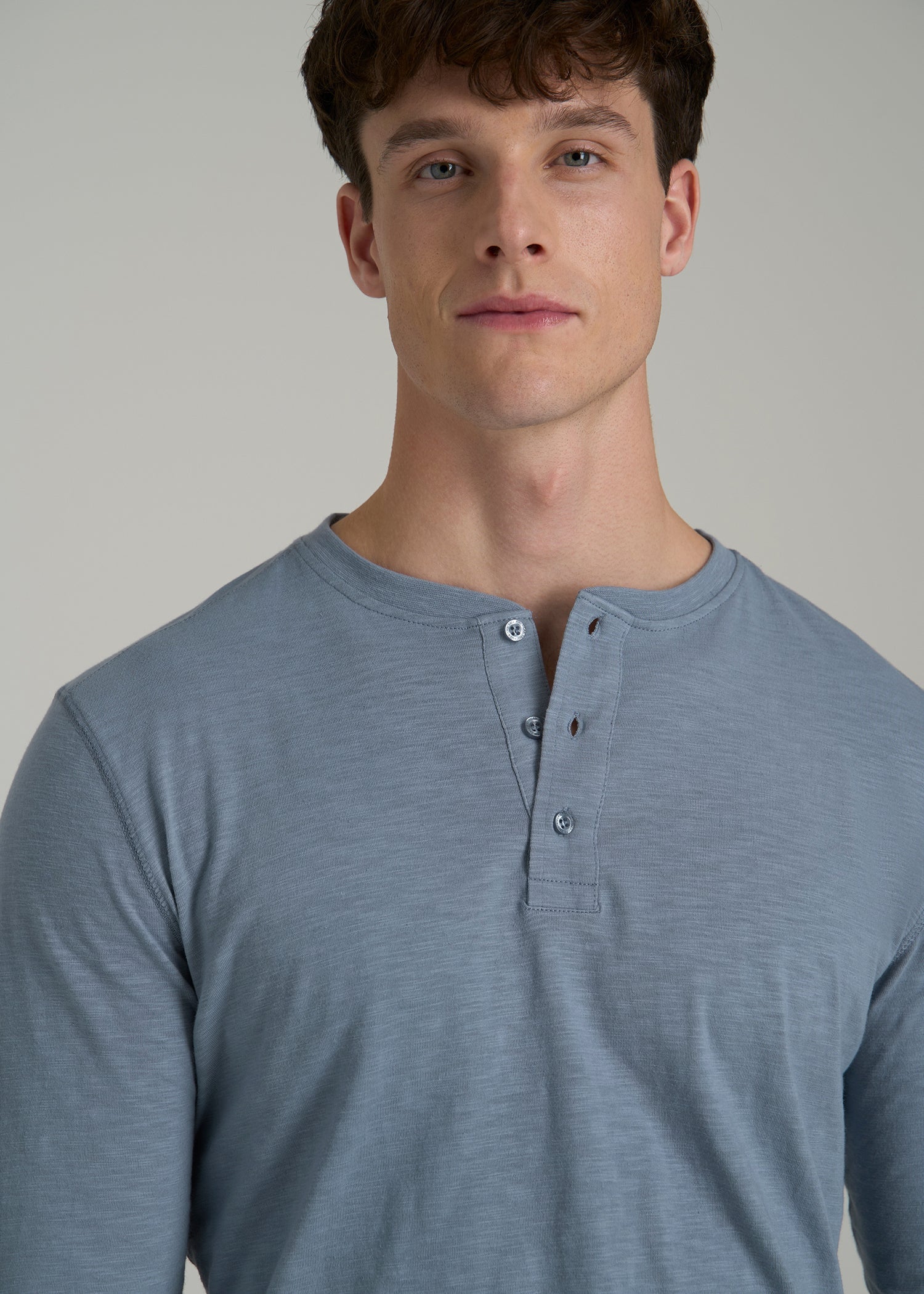 Three-Button Long Sleeve Slub Henley for Tall Men in Chambray