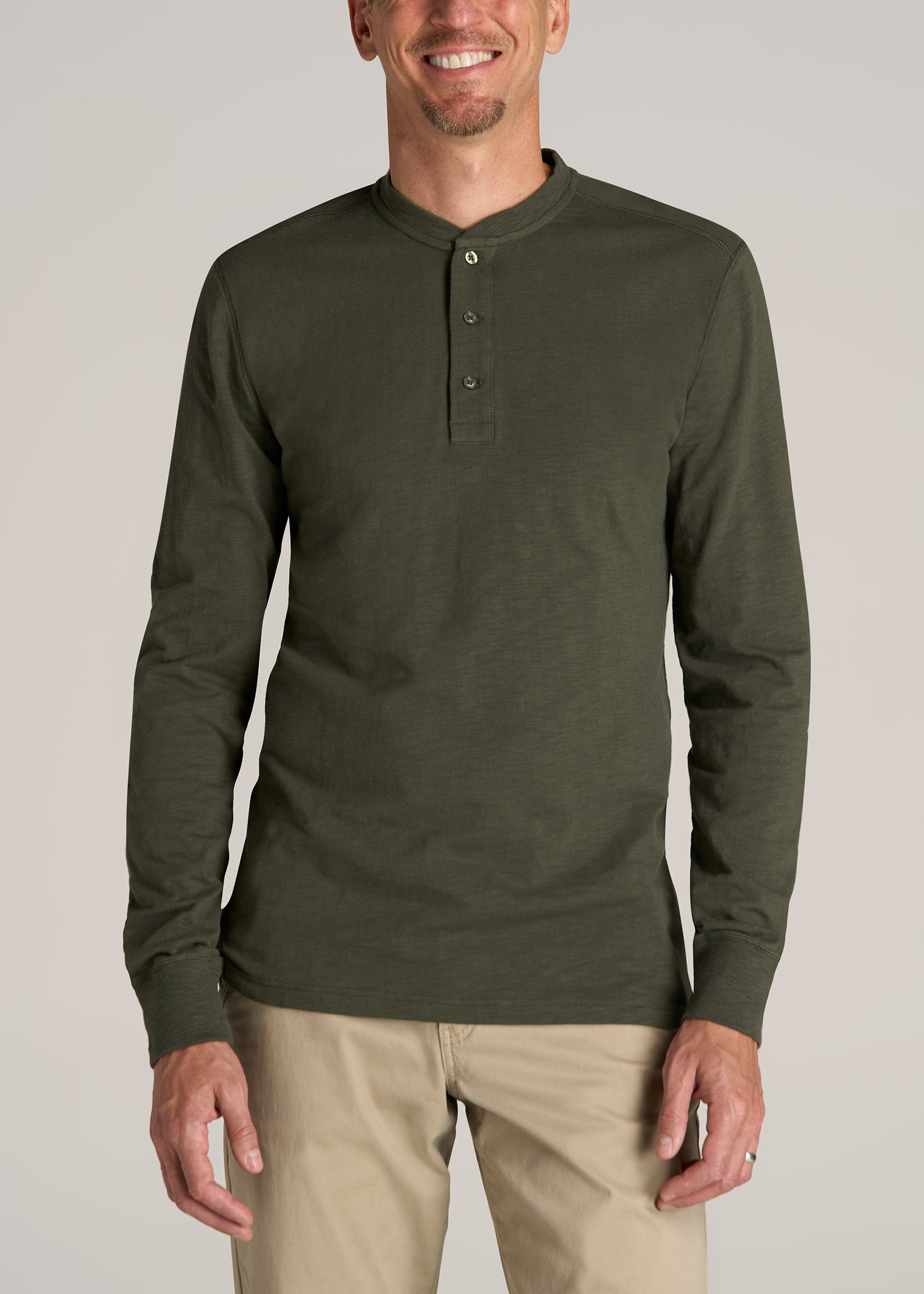 Long Sleeve Slub Henley Shirt for Tall Men in Dark Olive Green