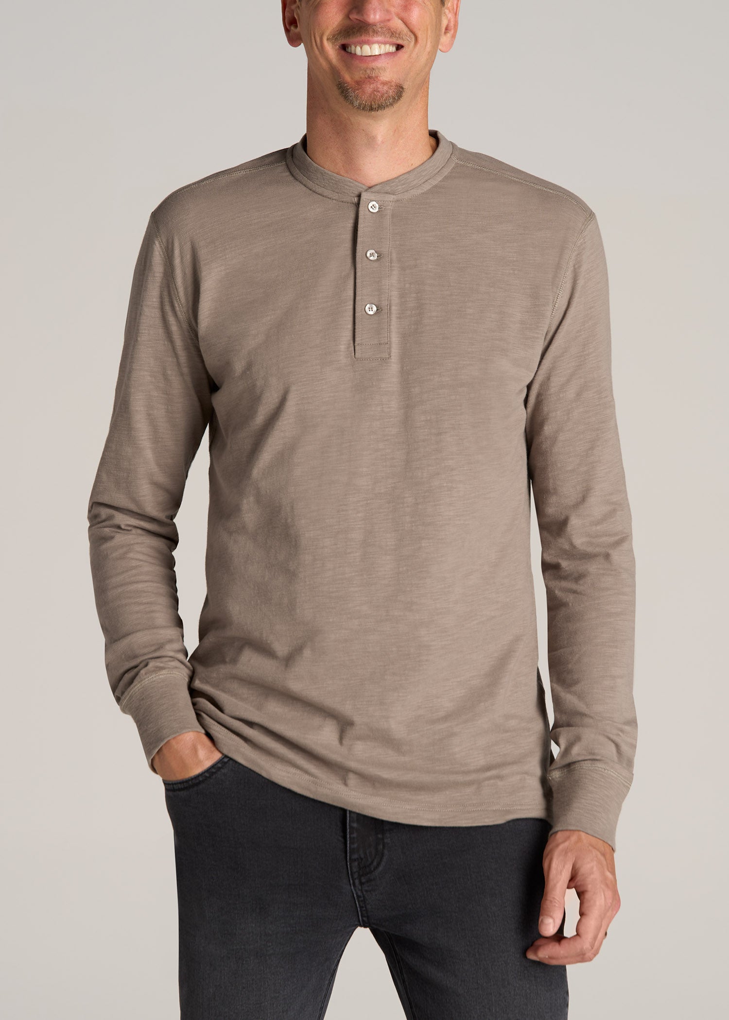 Long Sleeve Slub Henley Shirt for Tall Men in Dark Sand