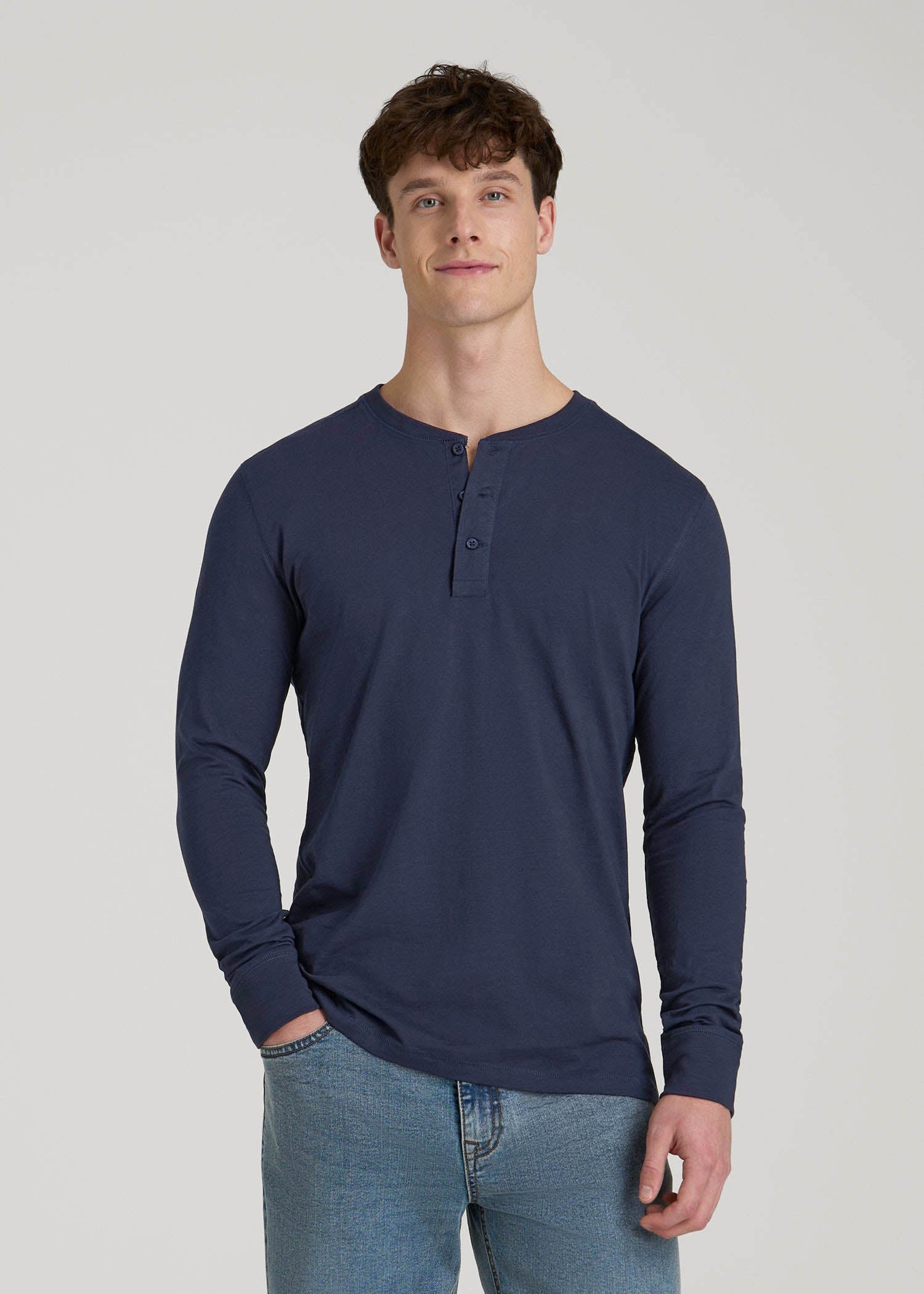Three-Button Long Sleeve Slub Henley for Tall Men in Navy Three-Button Long Sleeve Slub Henley for Tall Men in Navy
