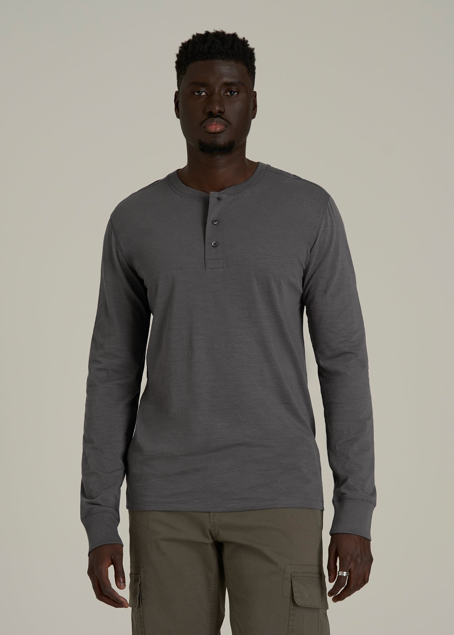 Men's Tall Three Button Long Sleeve Slub Henley in Steel Grey