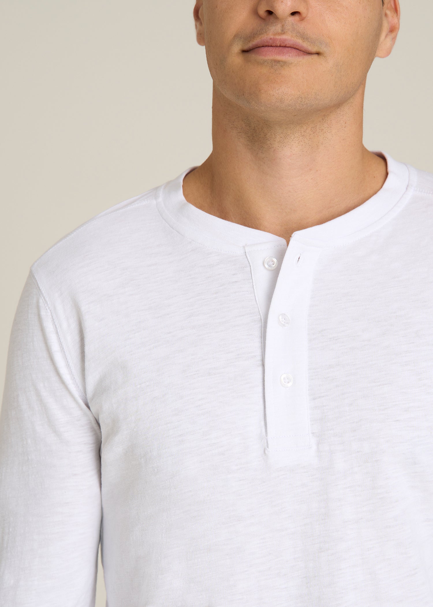 Three-Button Long Sleeve Slub Henley for Tall Men in White