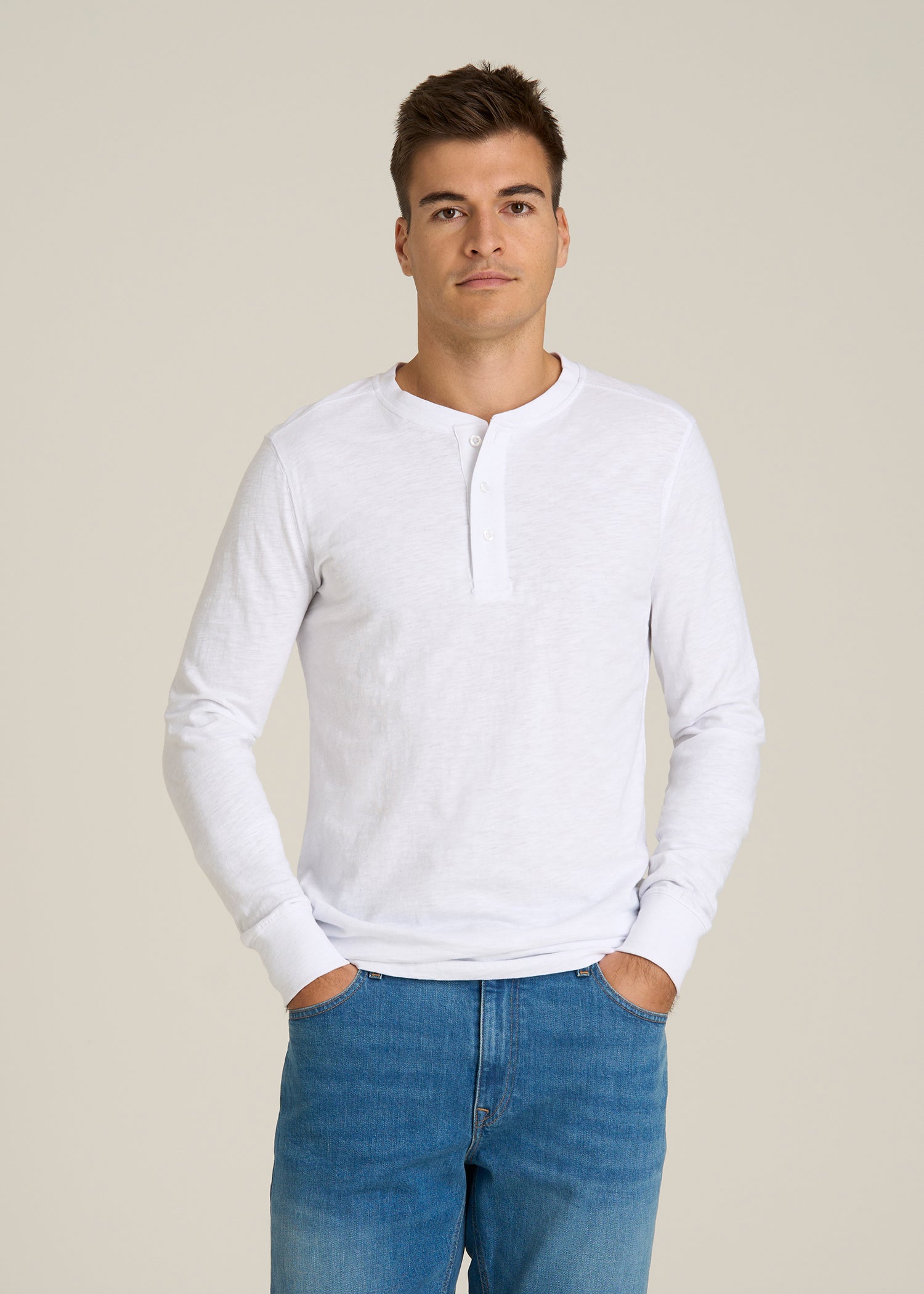 Three-Button Long Sleeve Slub Henley for Tall Men in White