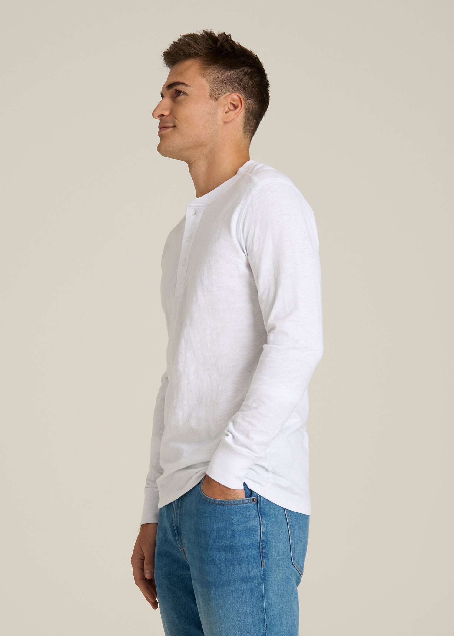 Men's Tall Three Button Long Sleeve Slub Henley in White