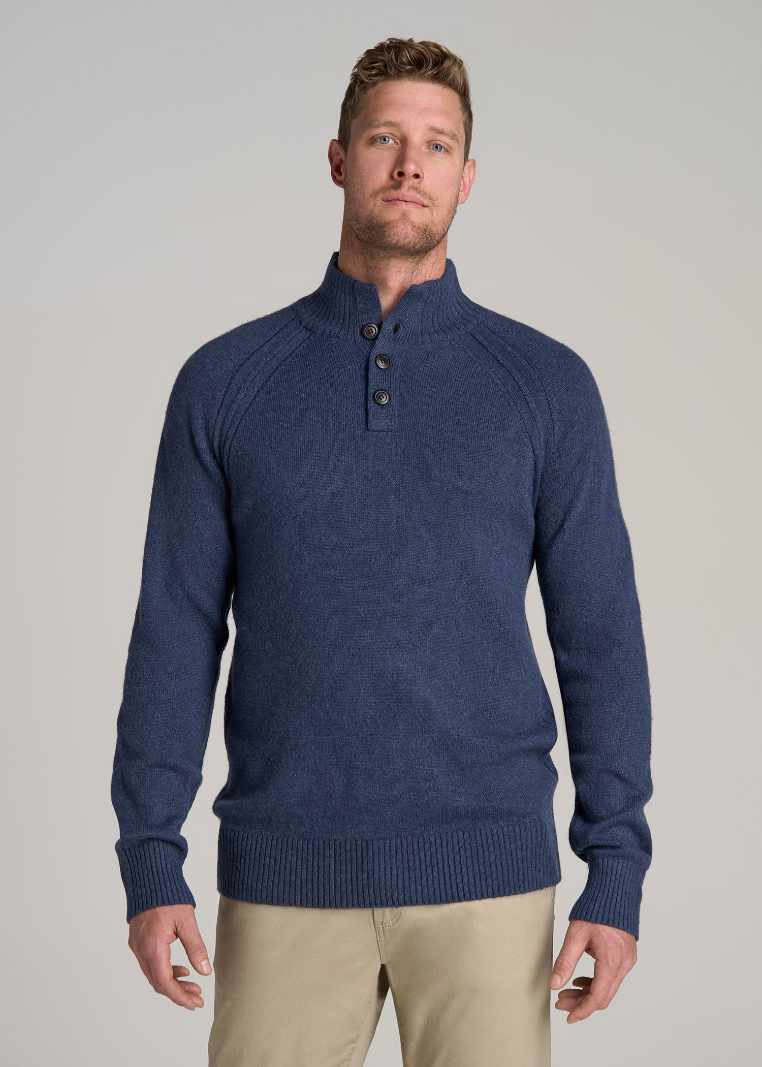 Three-Button Mock Neck Sweater for Tall Men in Deep Cobalt Mix