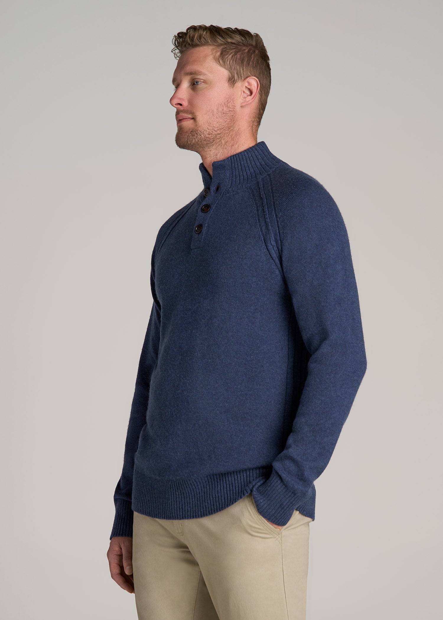 Three-Button Mock Neck Sweater for Tall Men in Deep Cobalt Mix