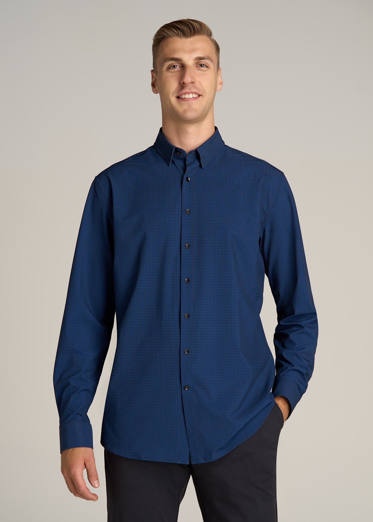 Traveler Stretch Dress Shirt in Black and Blue Micro Check Traveler Stretch Dress Shirt in Black and Blue Micro Check