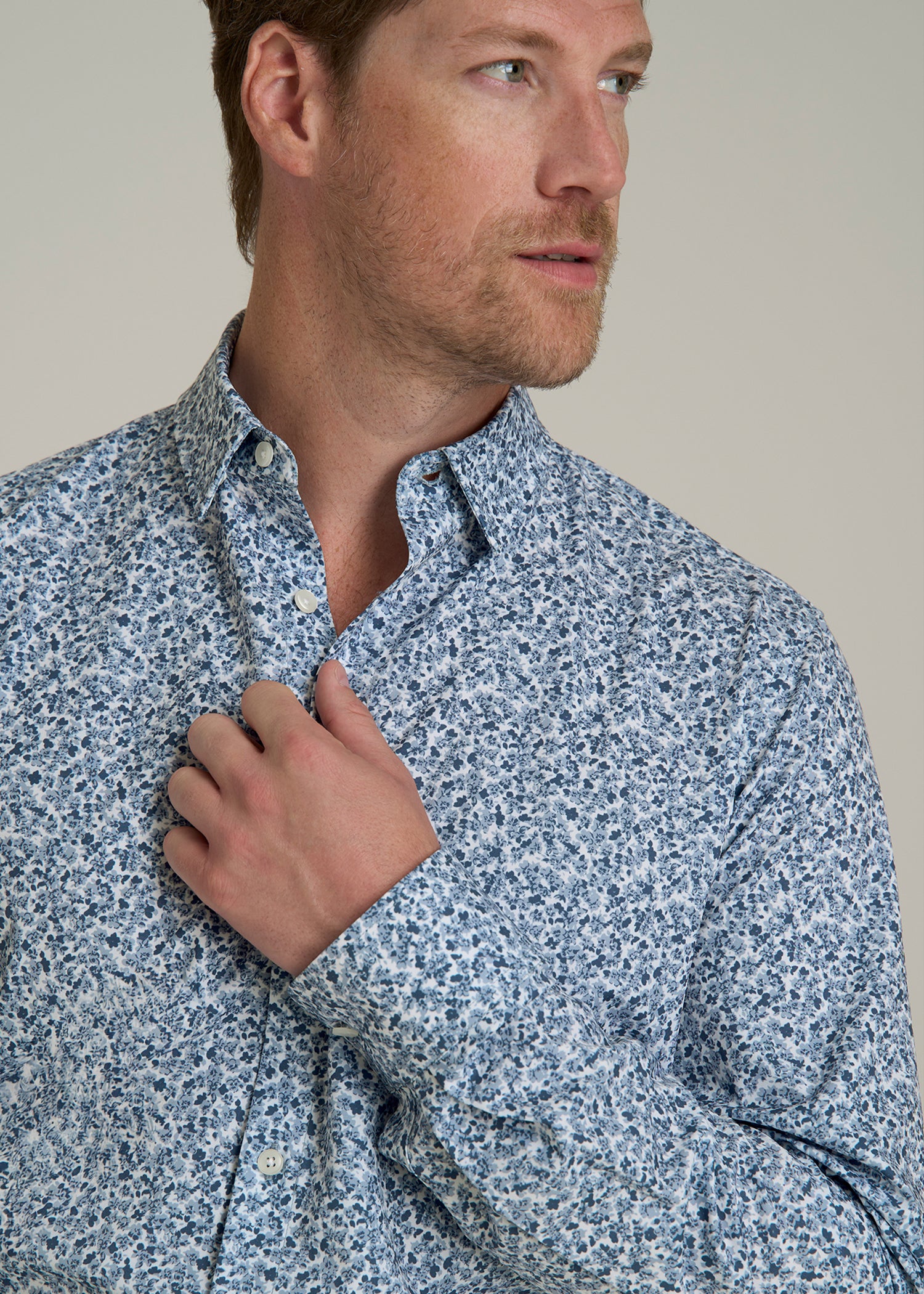Traveler Stretch Dress Shirt for Tall Men in Blue Scattered Floral