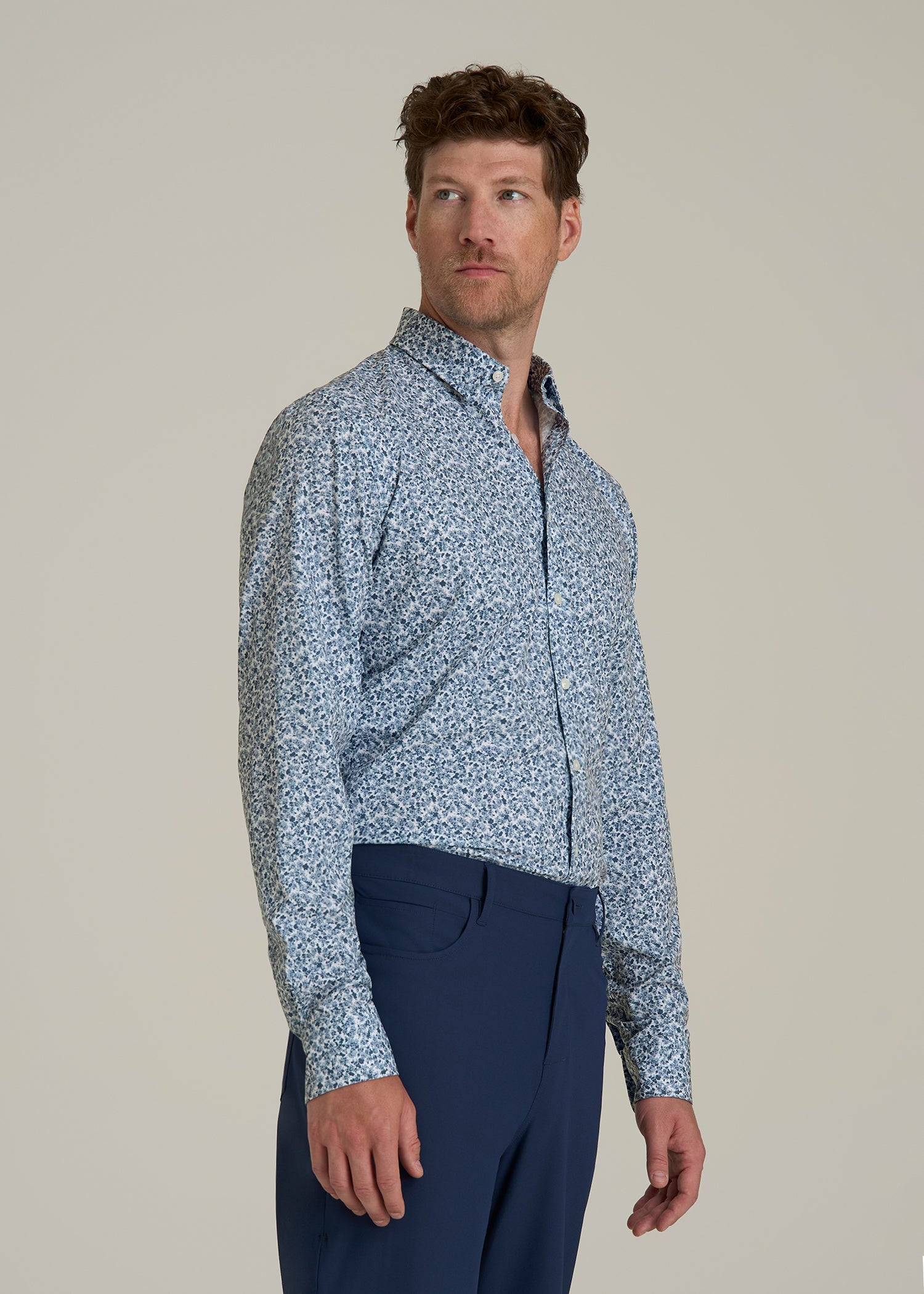 Traveler Stretch Dress Shirt for Tall Men in Blue Scattered Floral