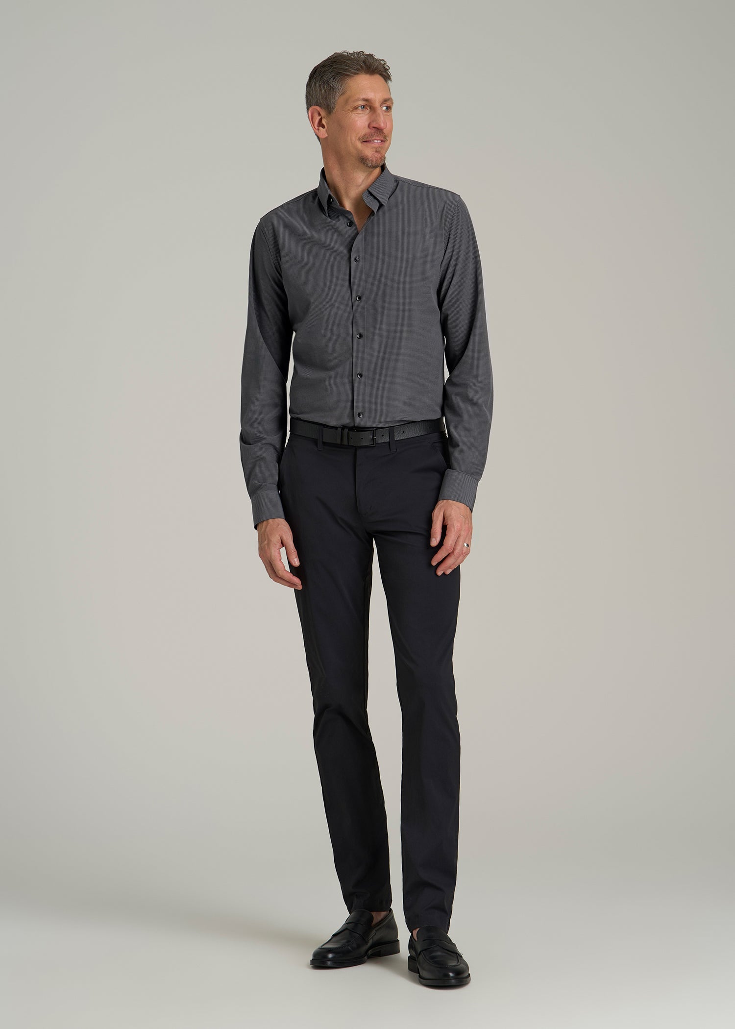 Traveler Stretch Dress Shirt for Tall Men in Charcoal Micro Check