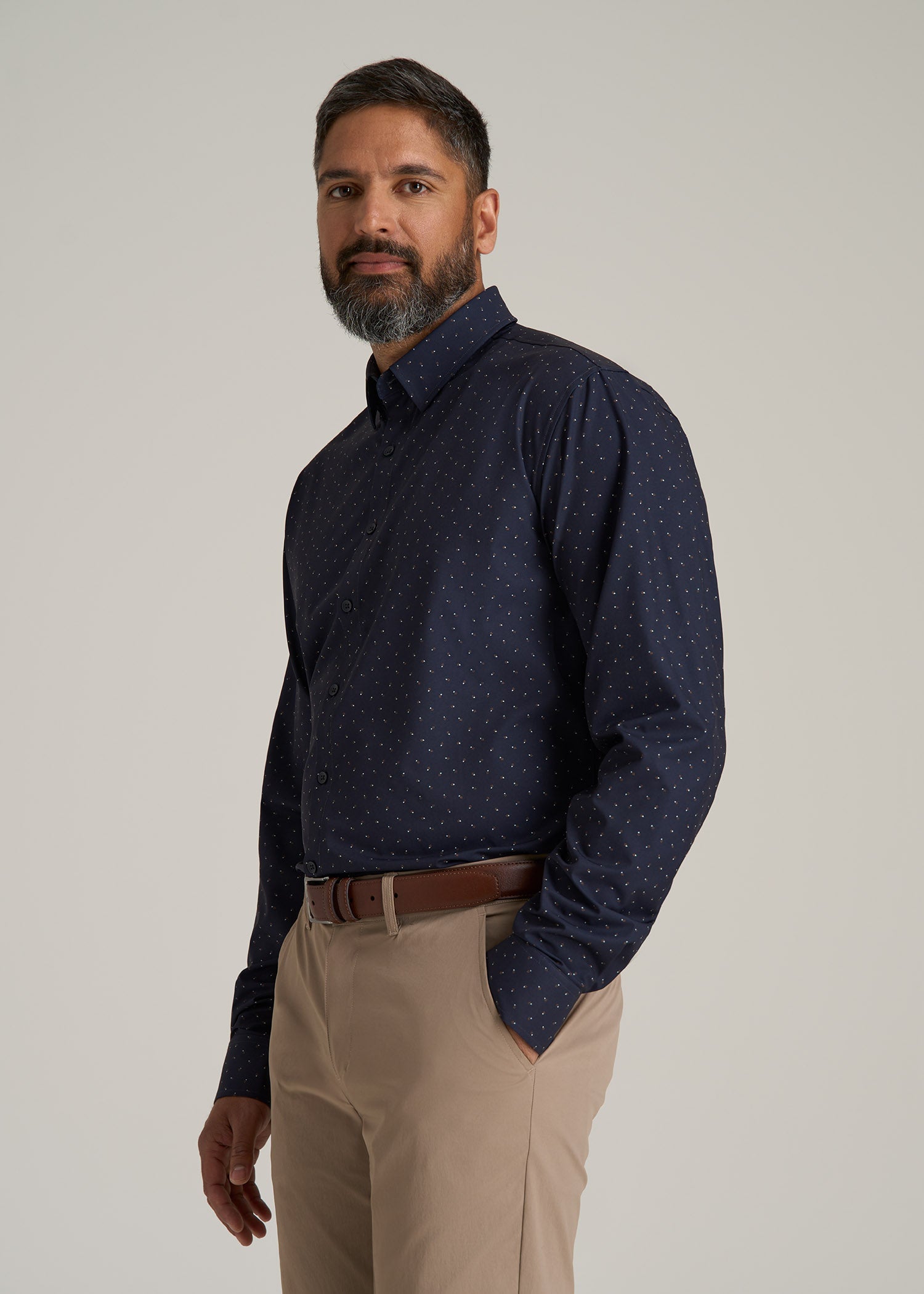 Traveler Stretch Dress Shirt for Tall Men in Dark Blue Floral