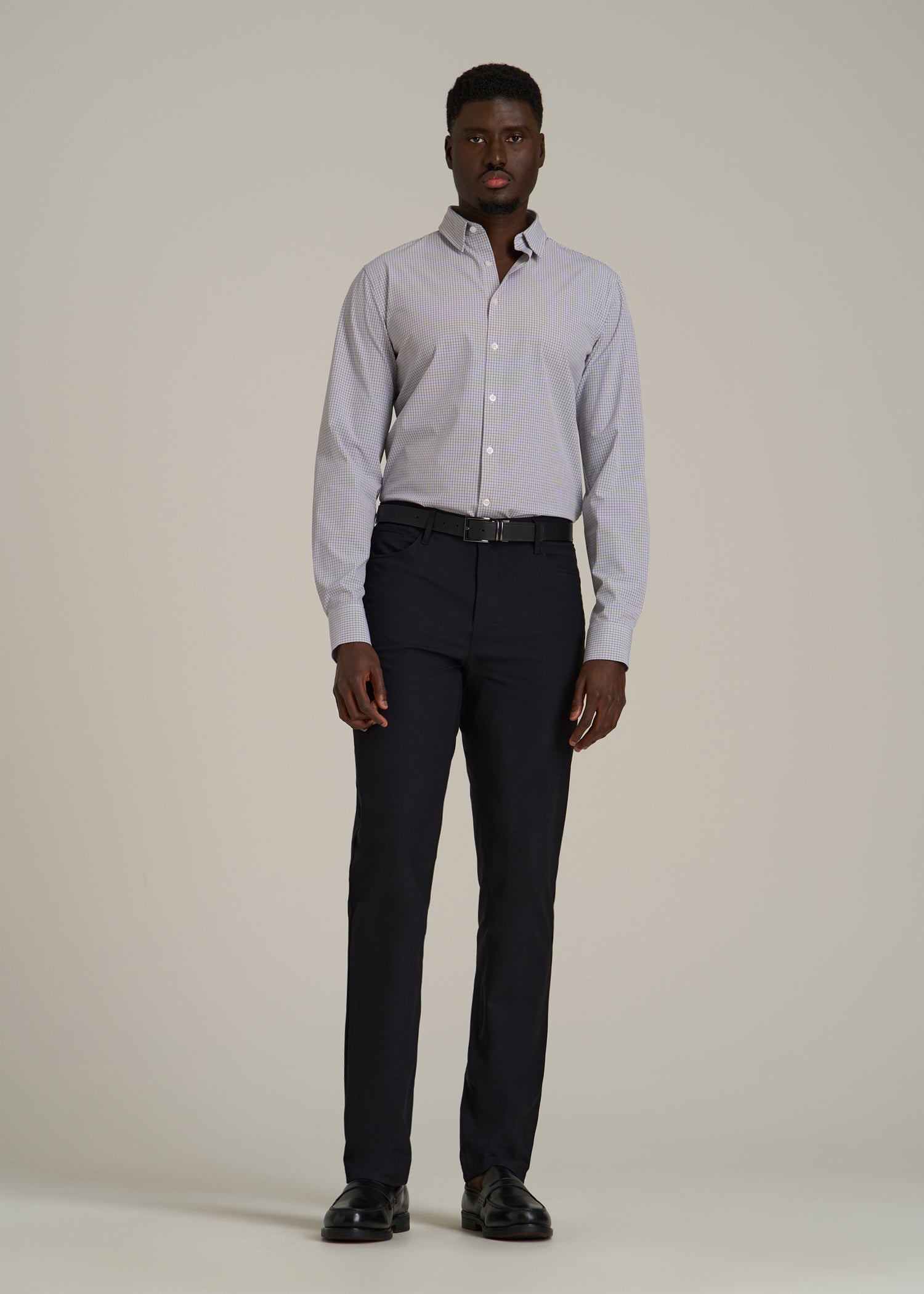 Traveler Stretch Dress Shirt for Tall Men in Grey Mini Plaid