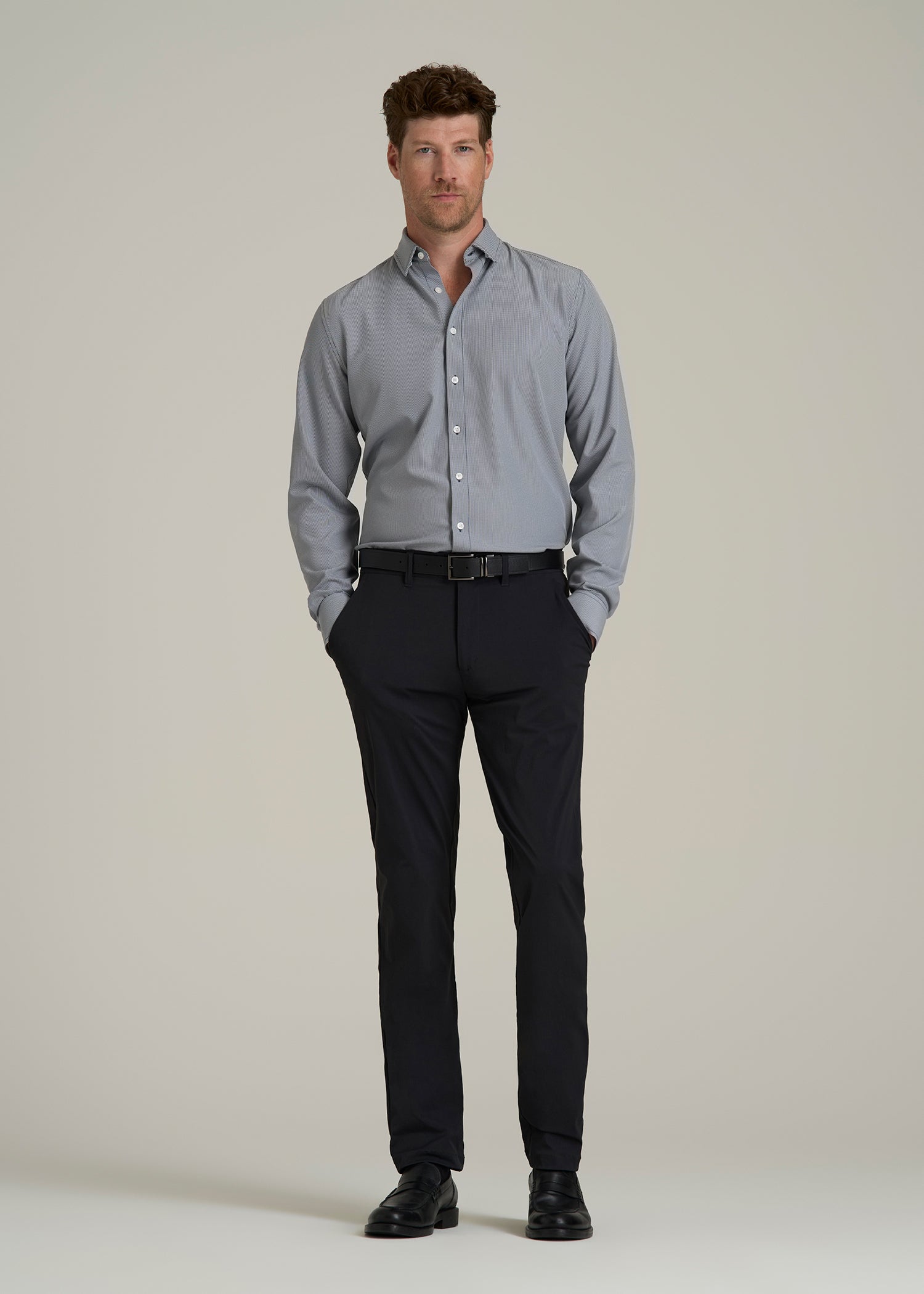 Traveler Stretch Dress Shirt for Tall Men in Navy and White Houndstooth