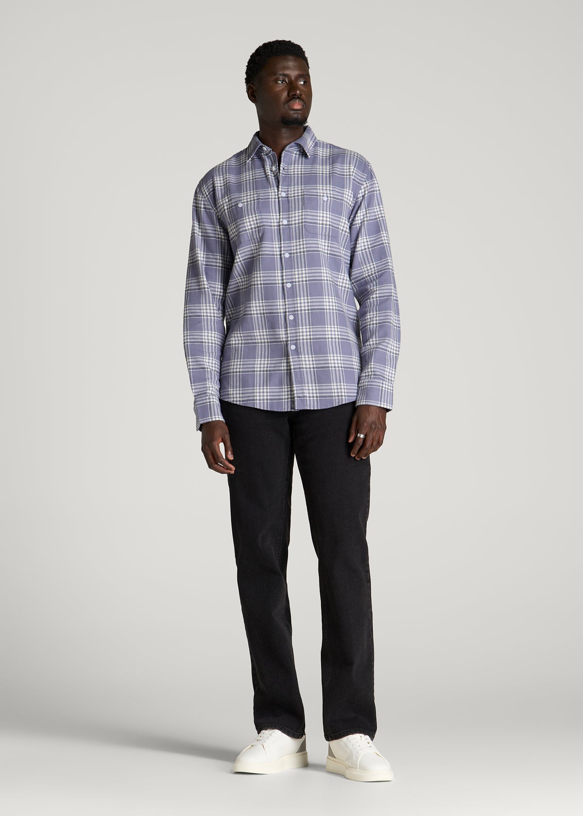 Twin Pocket Flannel Button Shirt for Tall Men in Blue Granite Plaid