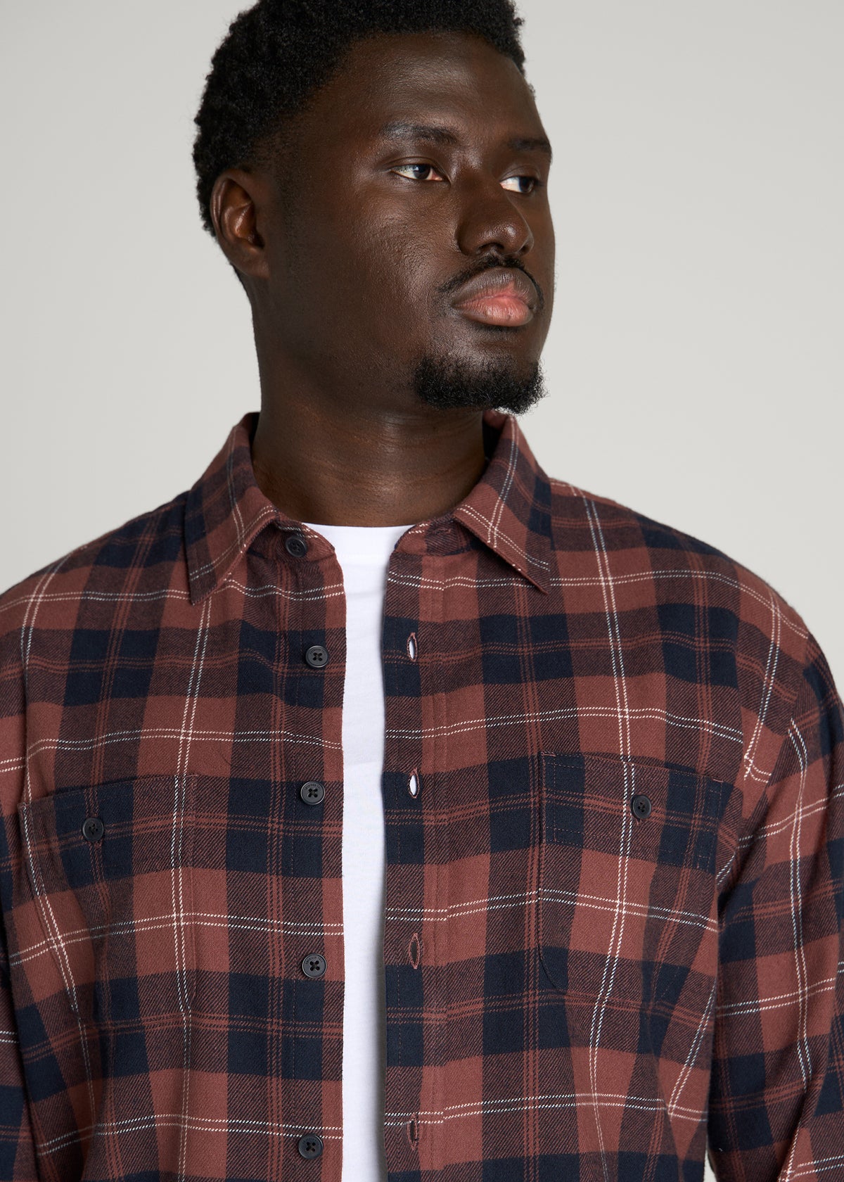Twin Pocket Flannel Button Shirt for Tall Men in Marron Plaid
